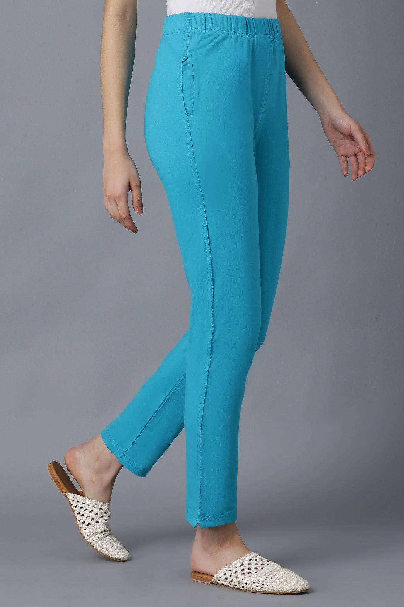 Sky Blue Solid Straight Fit Cotton Pants With Elasticated Waistband