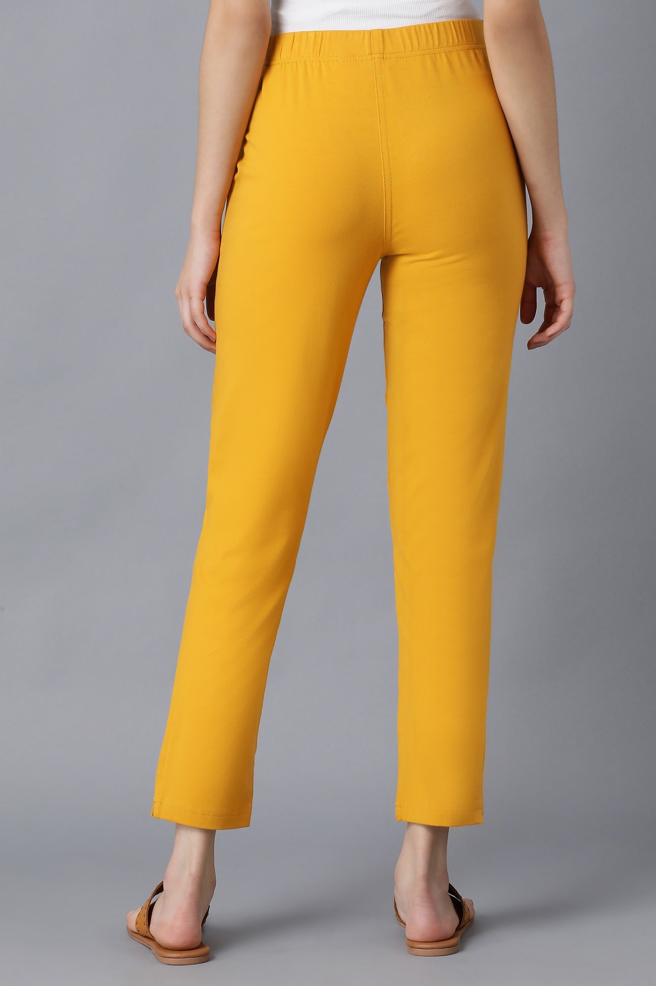 Yellow Solid Straight Fit Cotton Pants With Elasticated Waistband