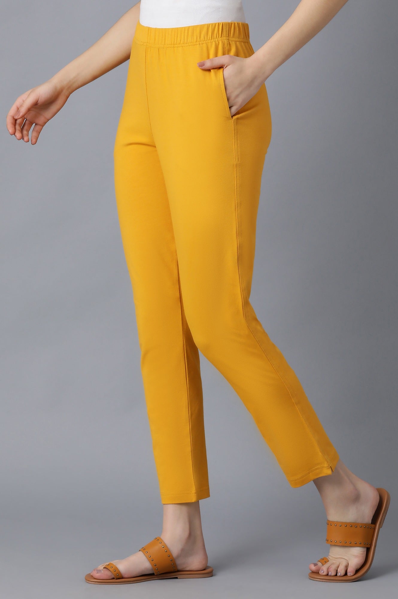 Yellow Solid Straight Fit Cotton Pants With Elasticated Waistband