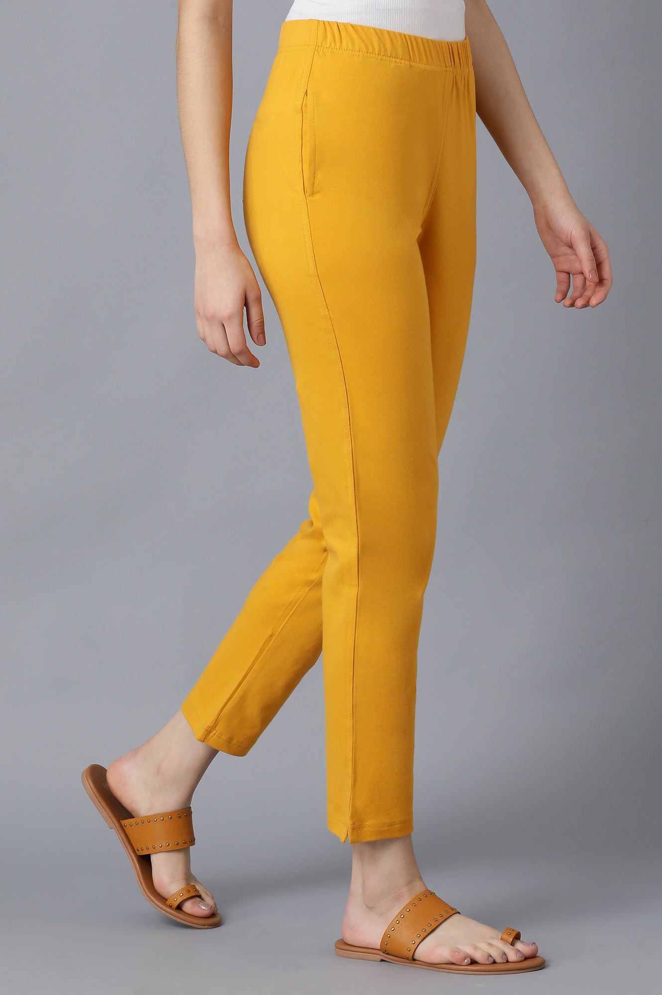 Yellow Solid Straight Fit Cotton Pants With Elasticated Waistband
