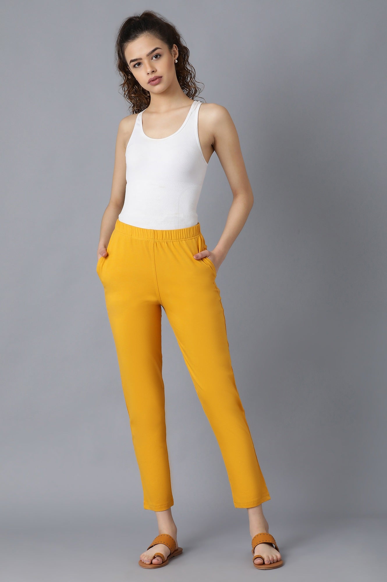 Yellow Solid Straight Fit Cotton Pants With Elasticated Waistband