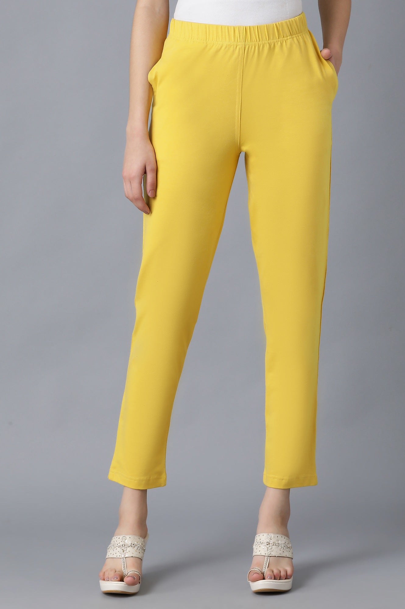Yellow Solid Straight Fit Cotton Pants With Elasticated Waistband