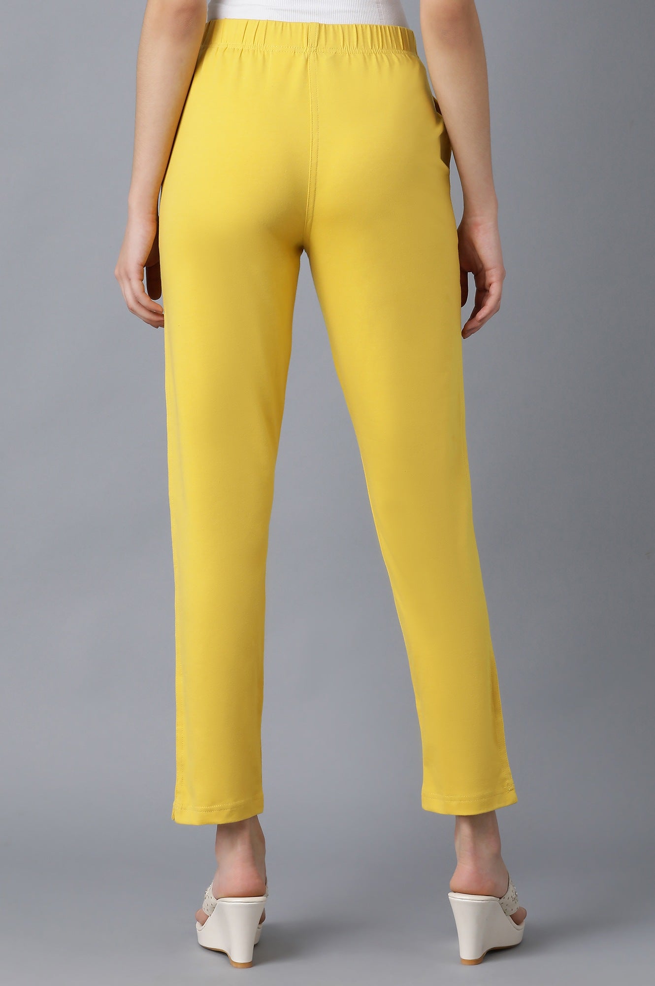 Yellow Solid Straight Fit Cotton Pants With Elasticated Waistband