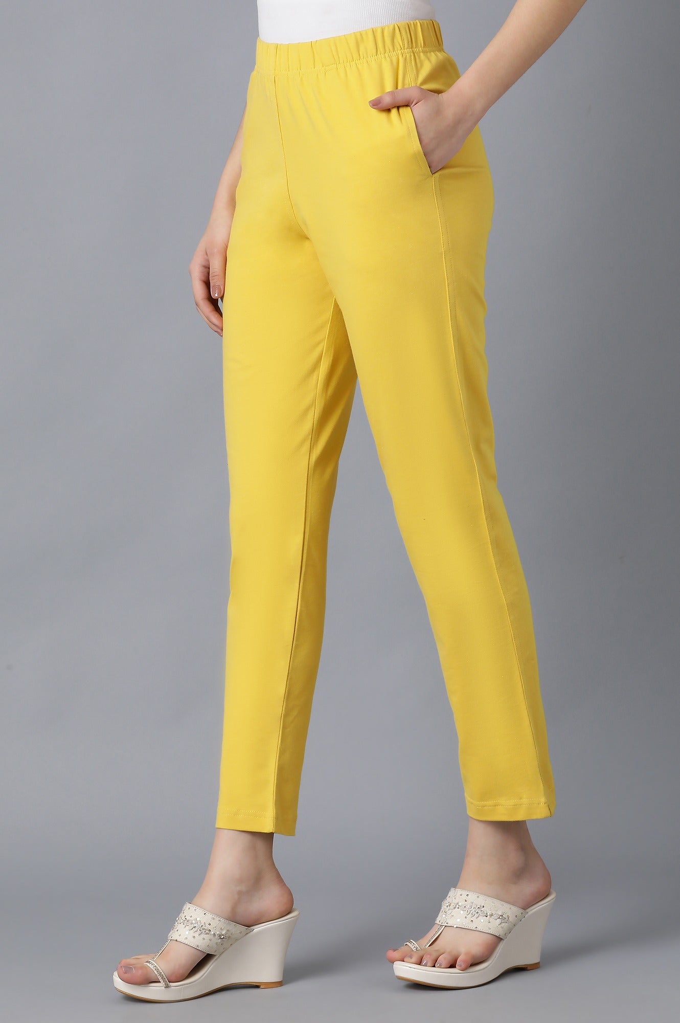 Yellow Solid Straight Fit Cotton Pants With Elasticated Waistband
