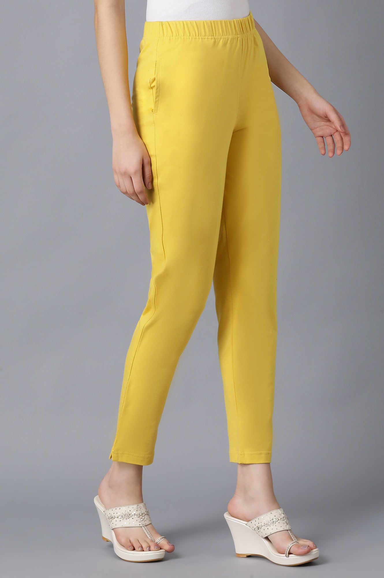 Yellow Solid Straight Fit Cotton Pants With Elasticated Waistband