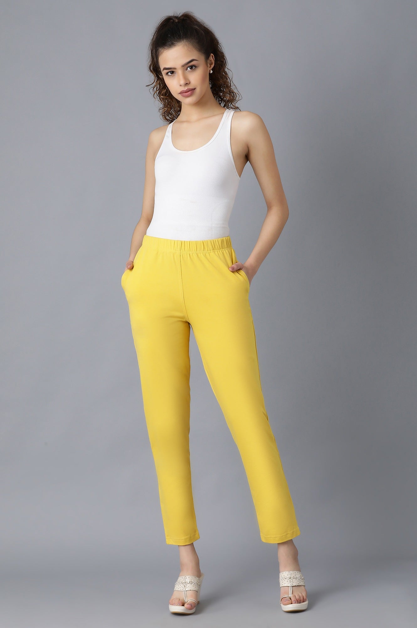 Yellow Solid Straight Fit Cotton Pants With Elasticated Waistband