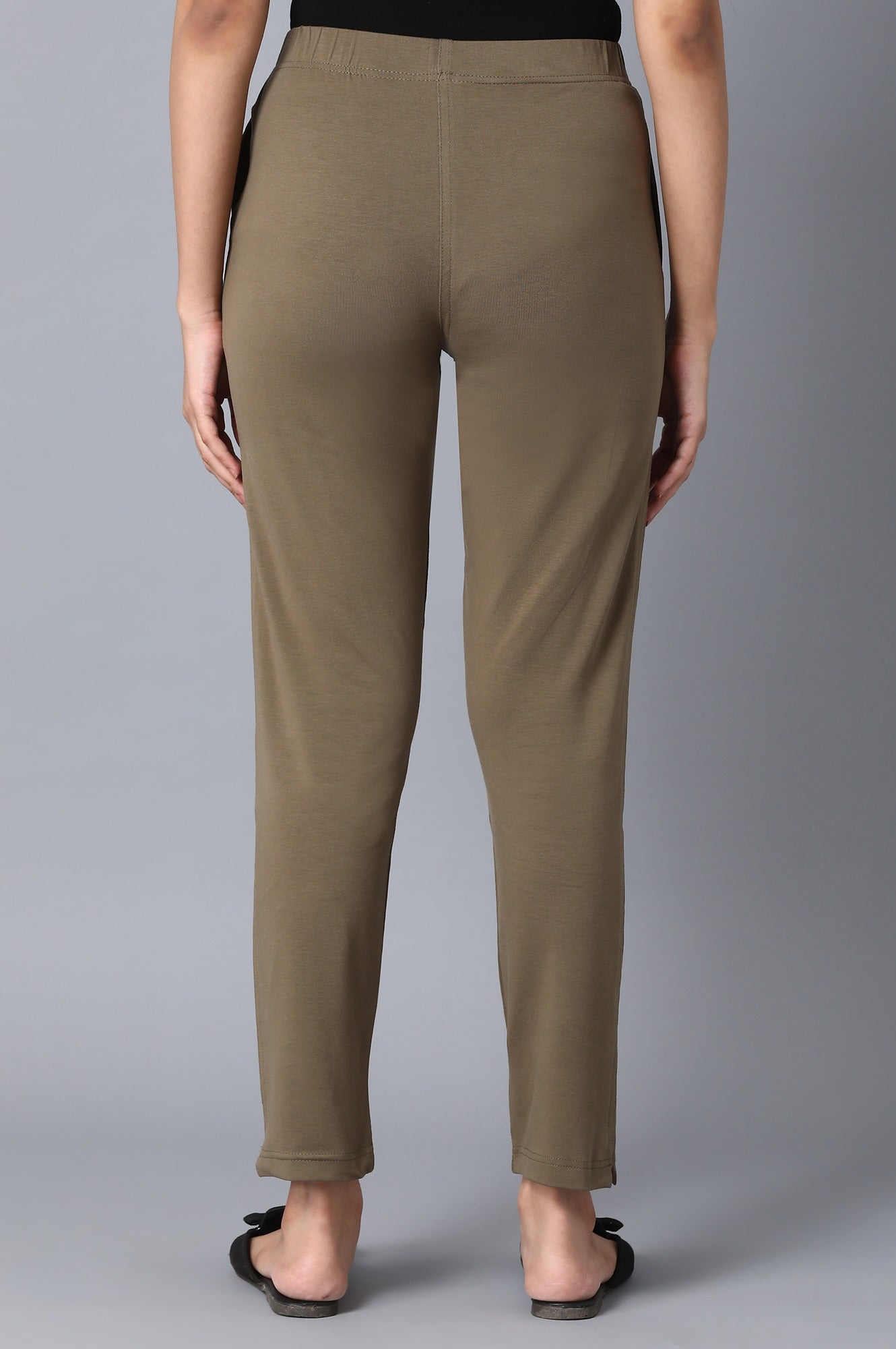 Muted Sage Green Solid Straight Fit Cotton Pants With Elasticated Waistband