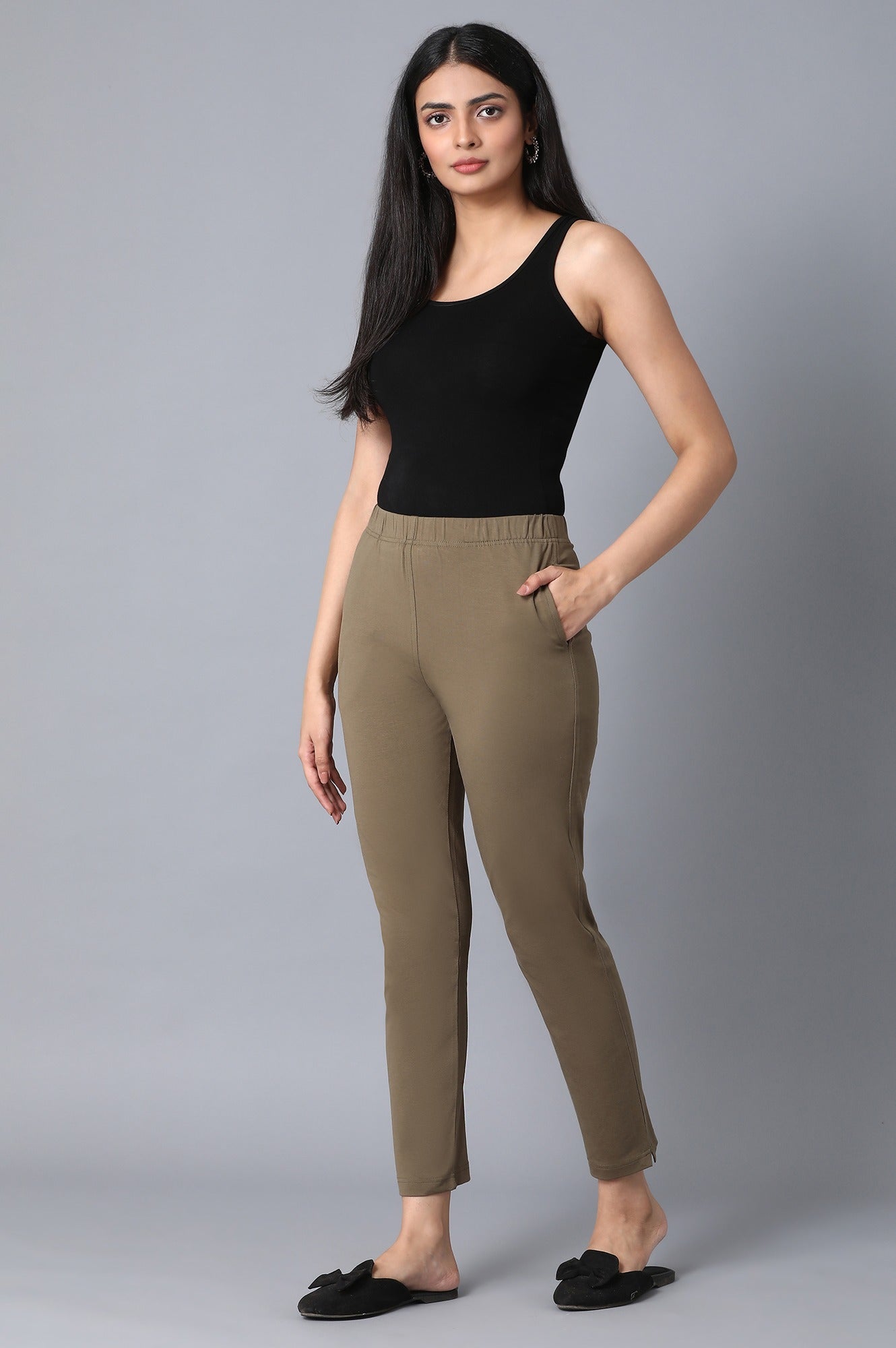 Muted Sage Green Solid Straight Fit Cotton Pants With Elasticated Waistband