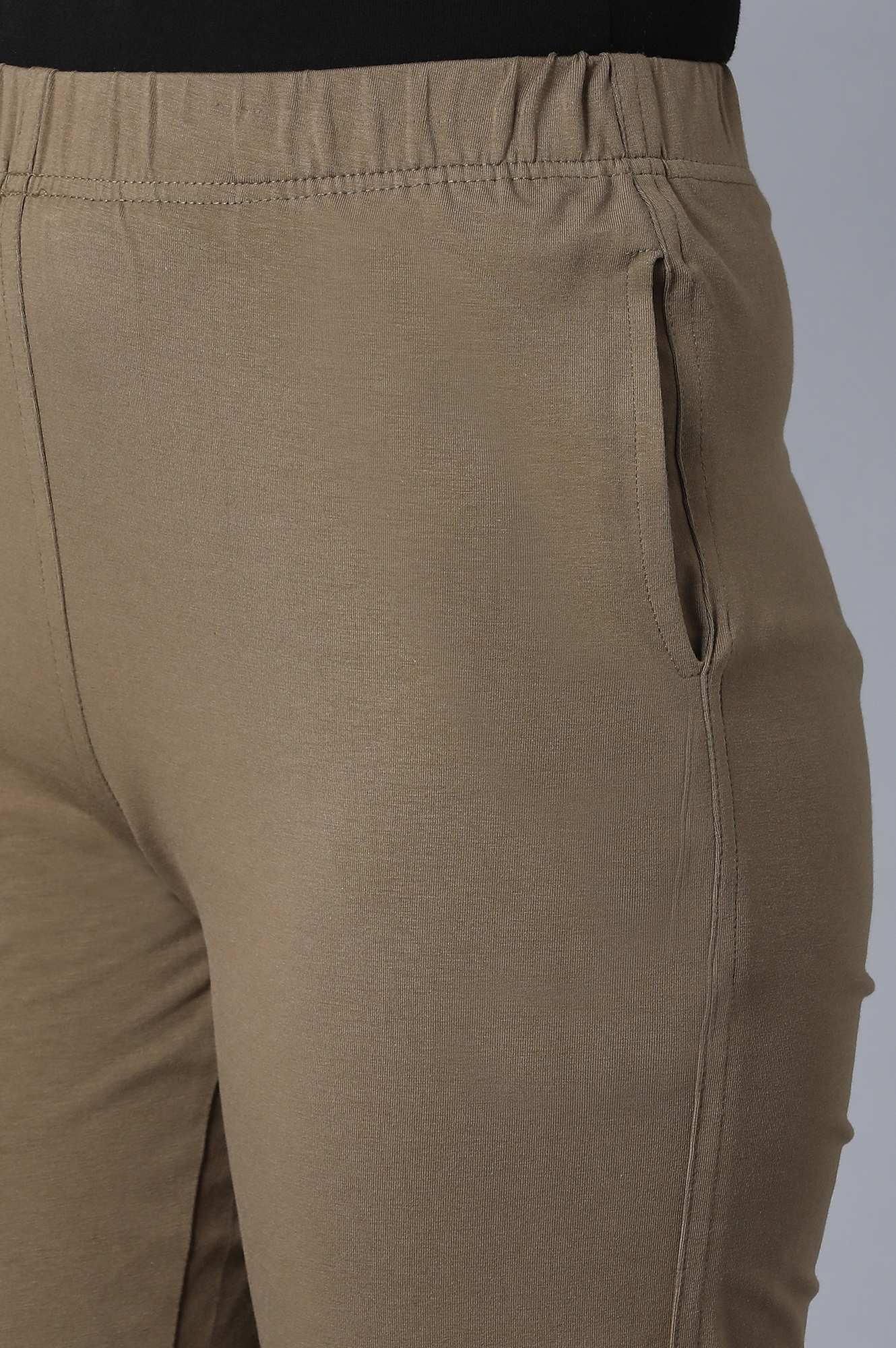 Muted Sage Green Solid Straight Fit Cotton Pants With Elasticated Waistband