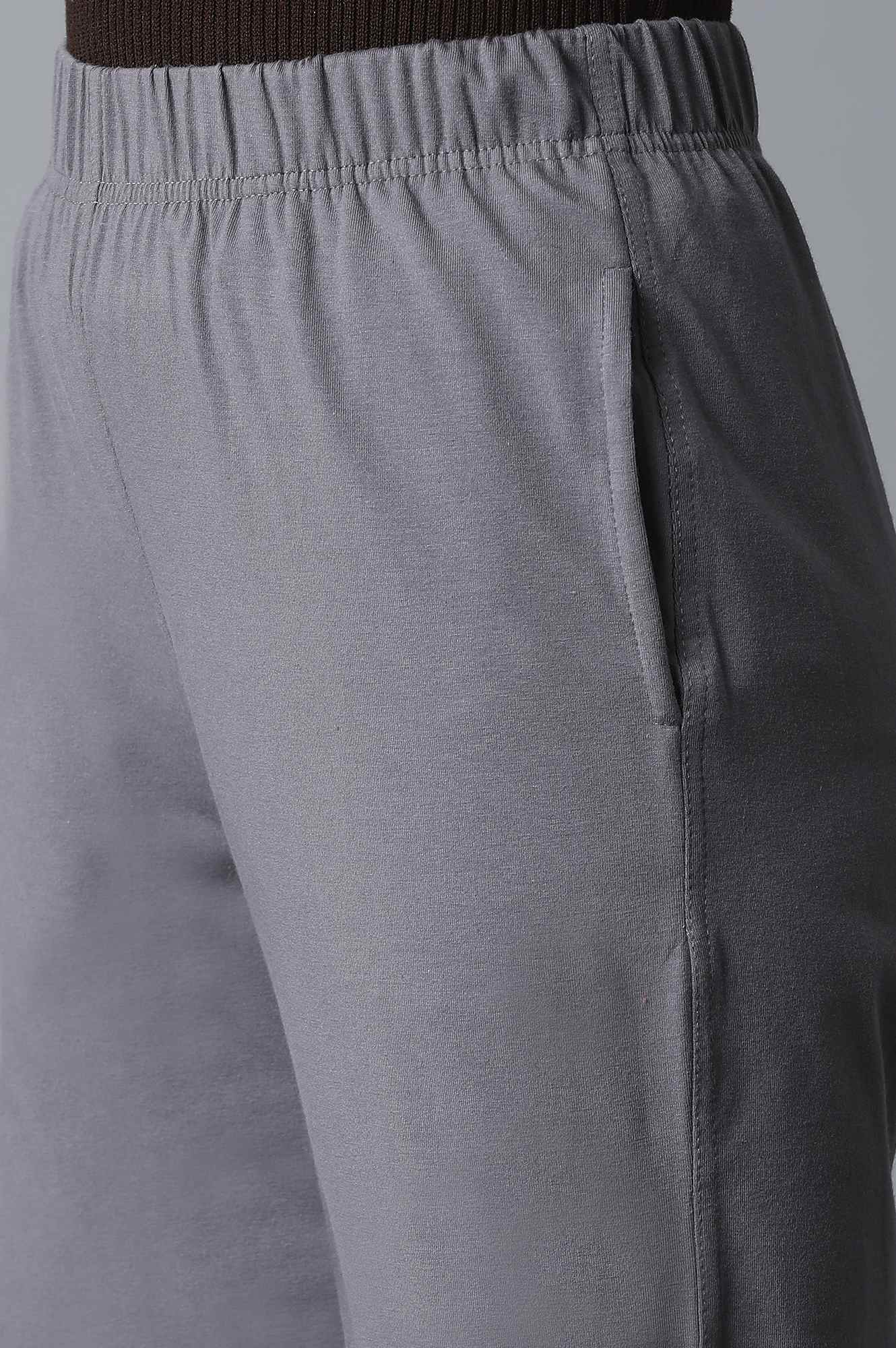 Grey Solid Straight Fit Cotton Pants With Elasticated Waist