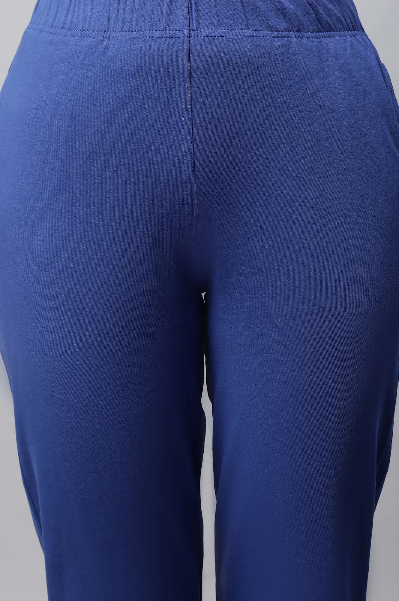 Blue Solid Straight Fit Cotton Pants With Elasticated Waist