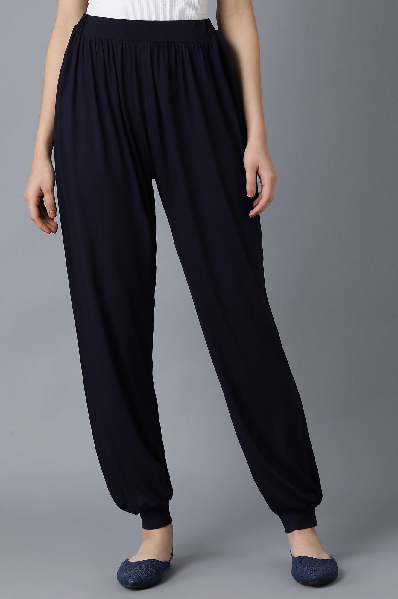 Navy Blue Solid Flared Pants With Elasticated Waistband