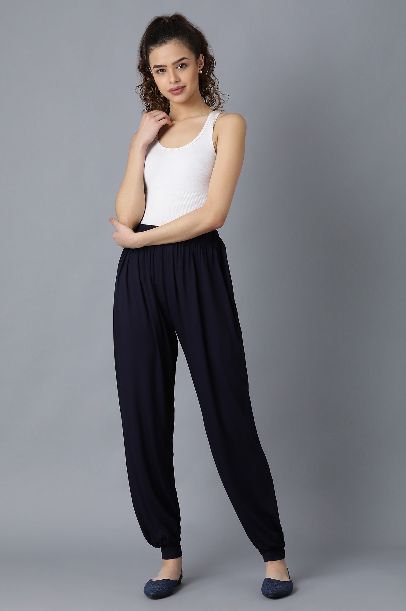 Navy Blue Solid Flared Pants With Elasticated Waistband