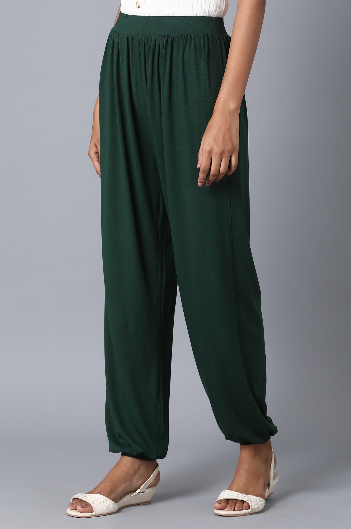 Dark Green Solid Flared Pants With Elasticated Waist