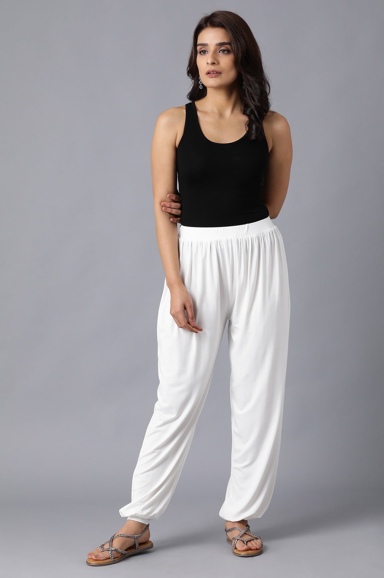 White Solid Flared Palazzo With Elasticated Waistband