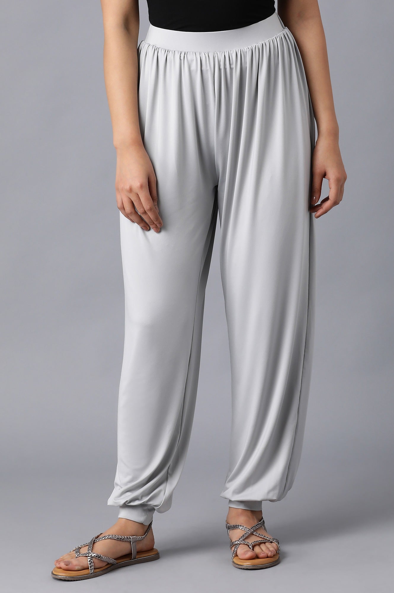 Silver Solid Flared Pants With Elasticated Waist