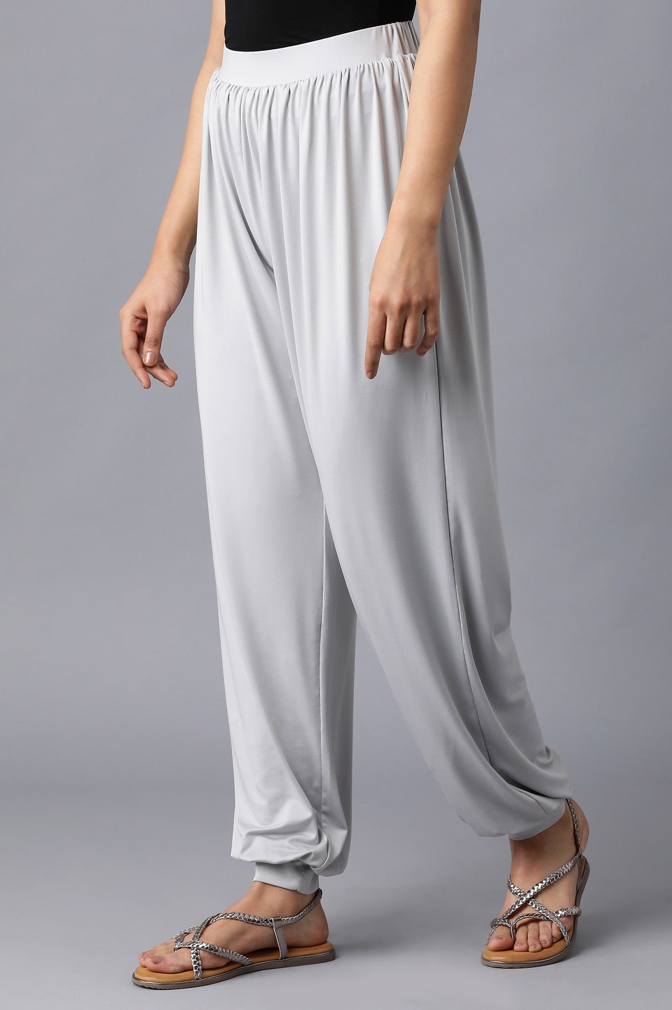 Silver Solid Flared Pants With Elasticated Waist