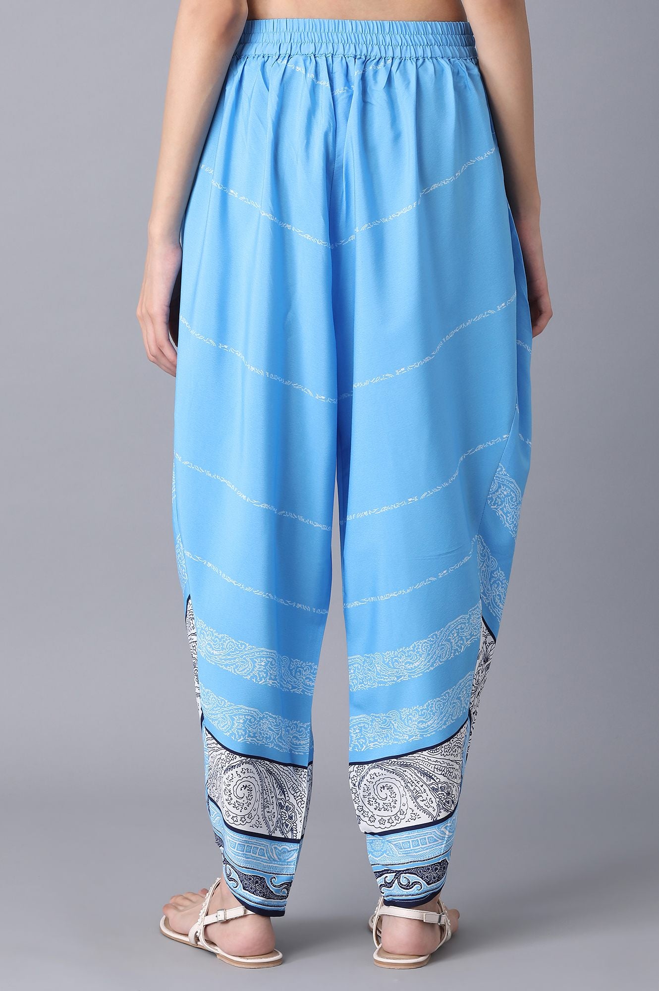 Blue Printed Flared Cotton Salwar With Elasticated Waistband