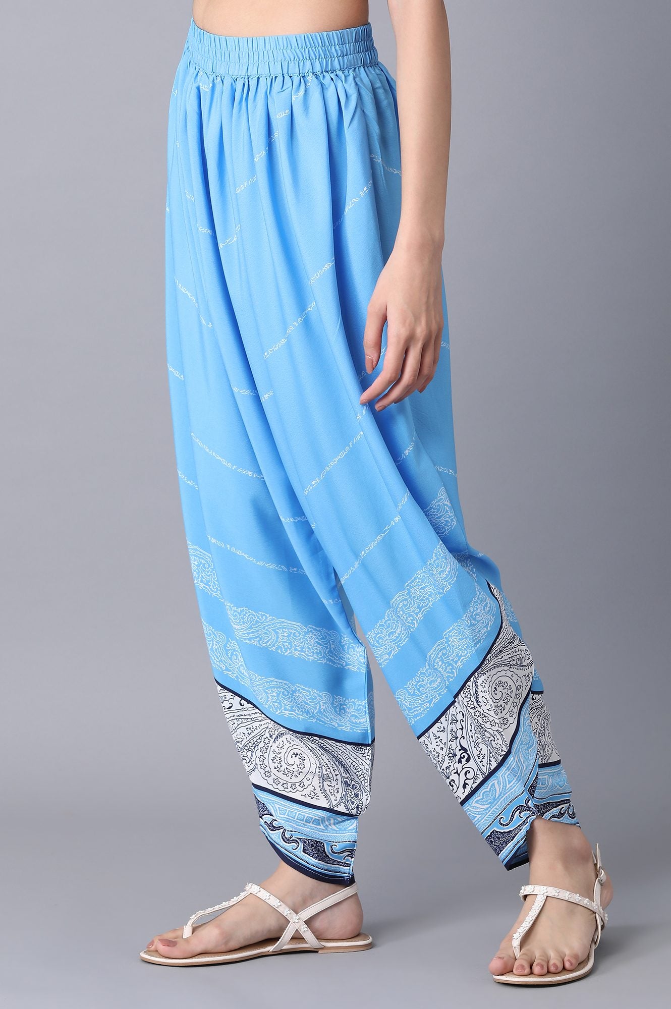 Blue Printed Flared Cotton Salwar With Elasticated Waistband