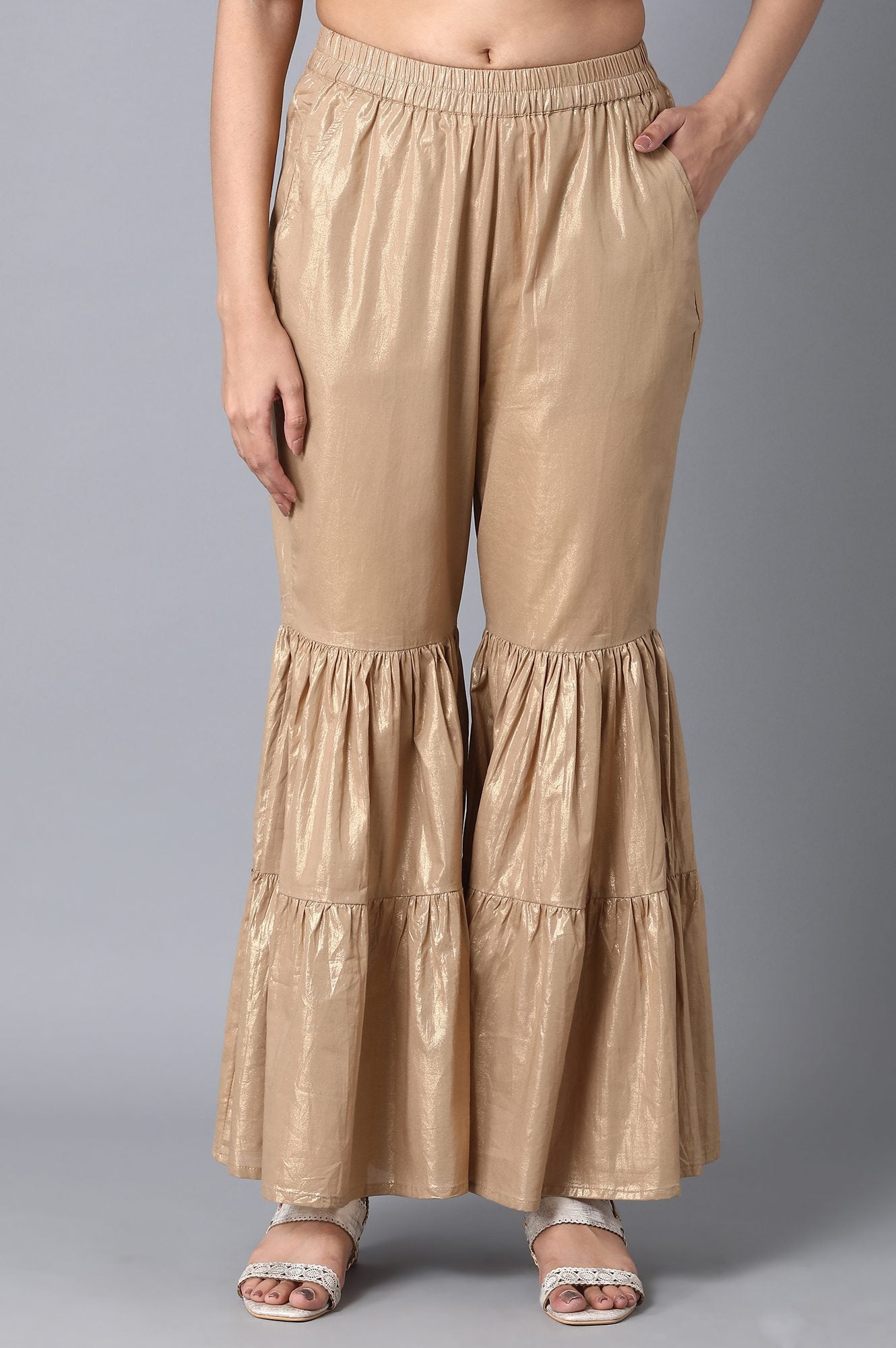 Gold Textured Flared Cotton Palazzo With Elasticated Waist
