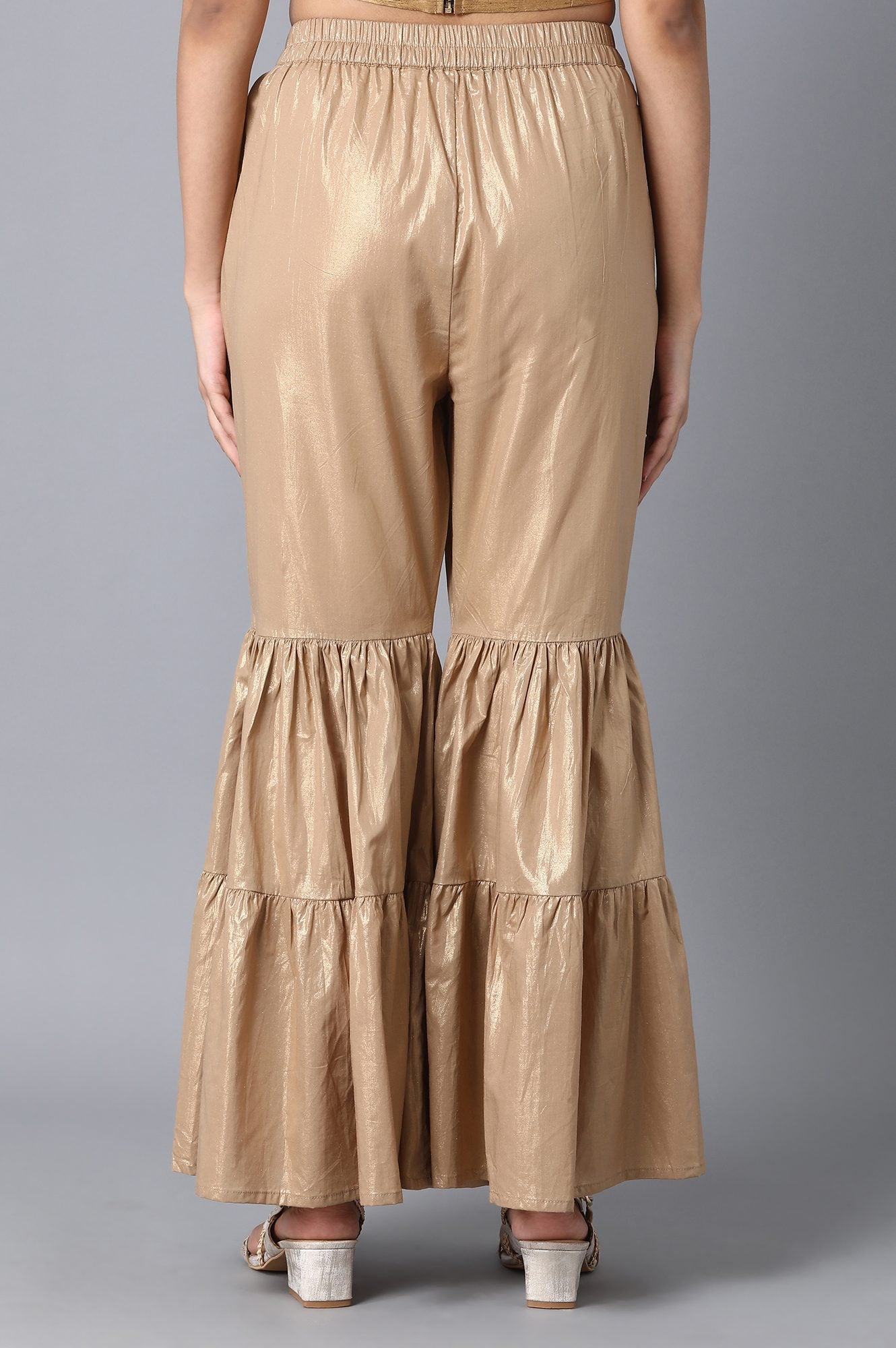 Gold Textured Flared Cotton Palazzo With Elasticated Waist
