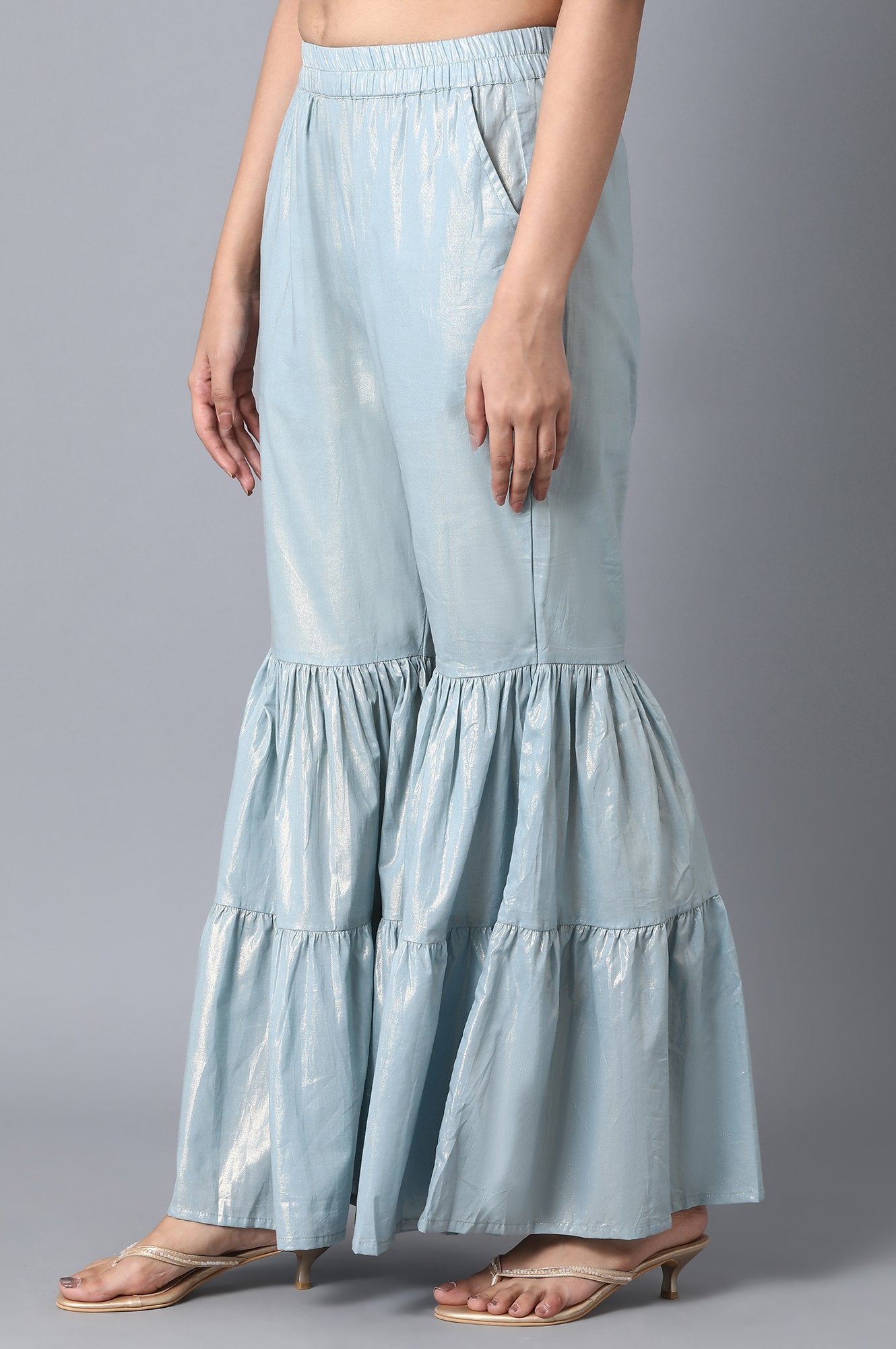 Light Blue Textured Flared Cotton Palazzo With Elasticated Waist