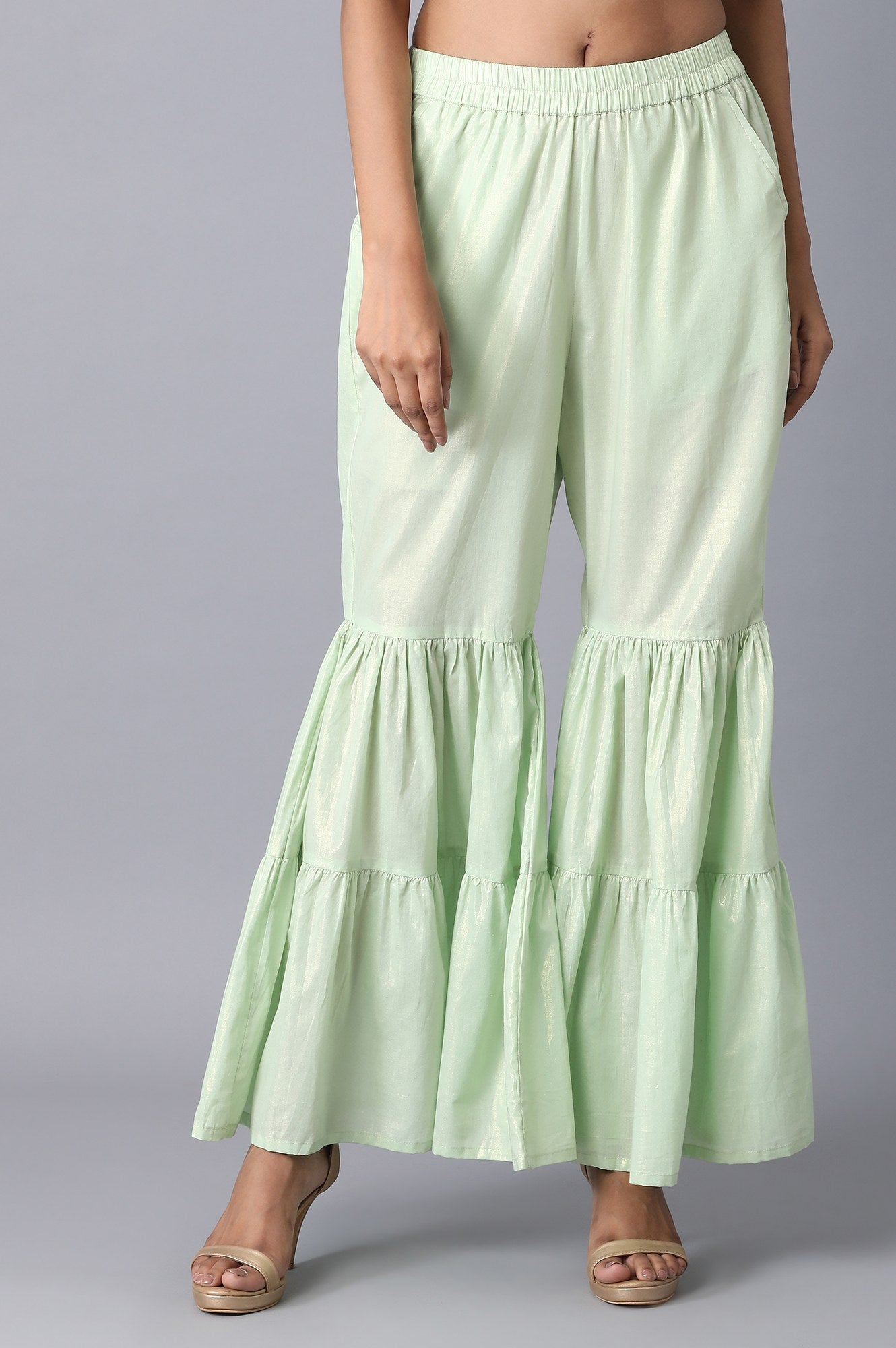 Light Green Textured Flared Cotton Palazzo With Elasticated Waistband