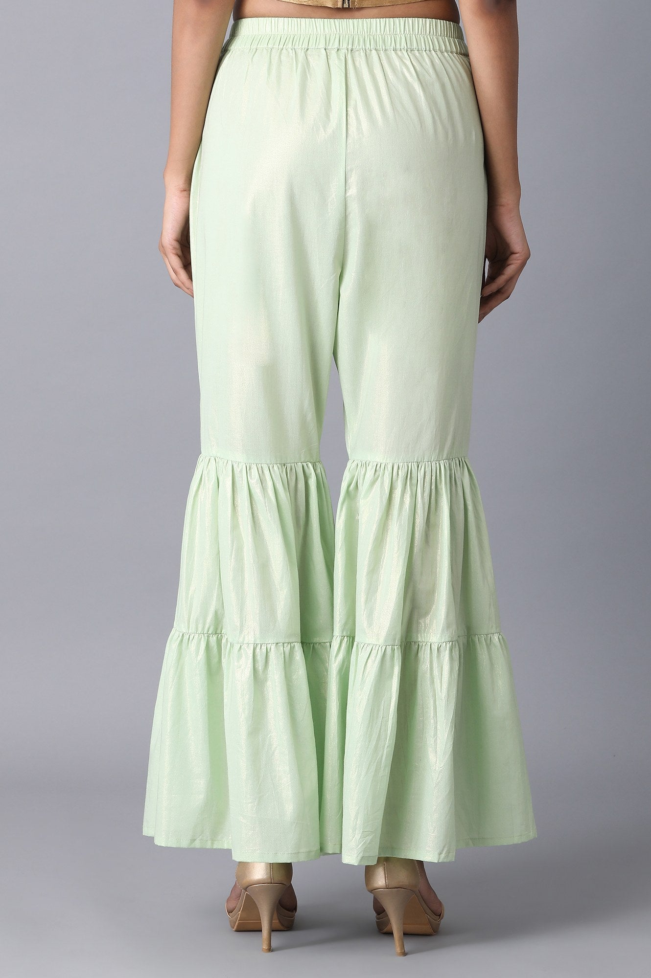 Light Green Textured Flared Cotton Palazzo With Elasticated Waistband