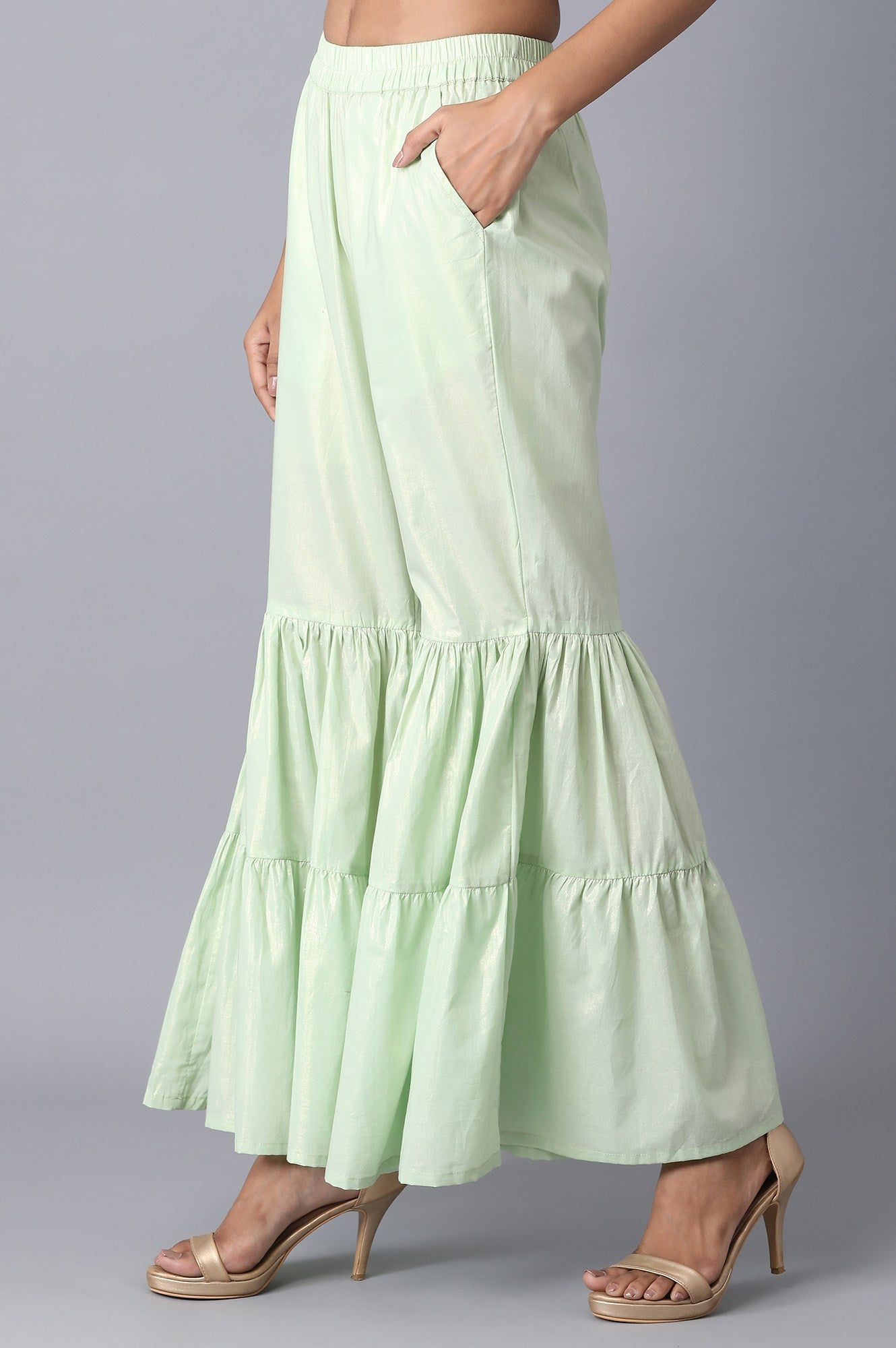 Light Green Textured Flared Cotton Palazzo With Elasticated Waistband