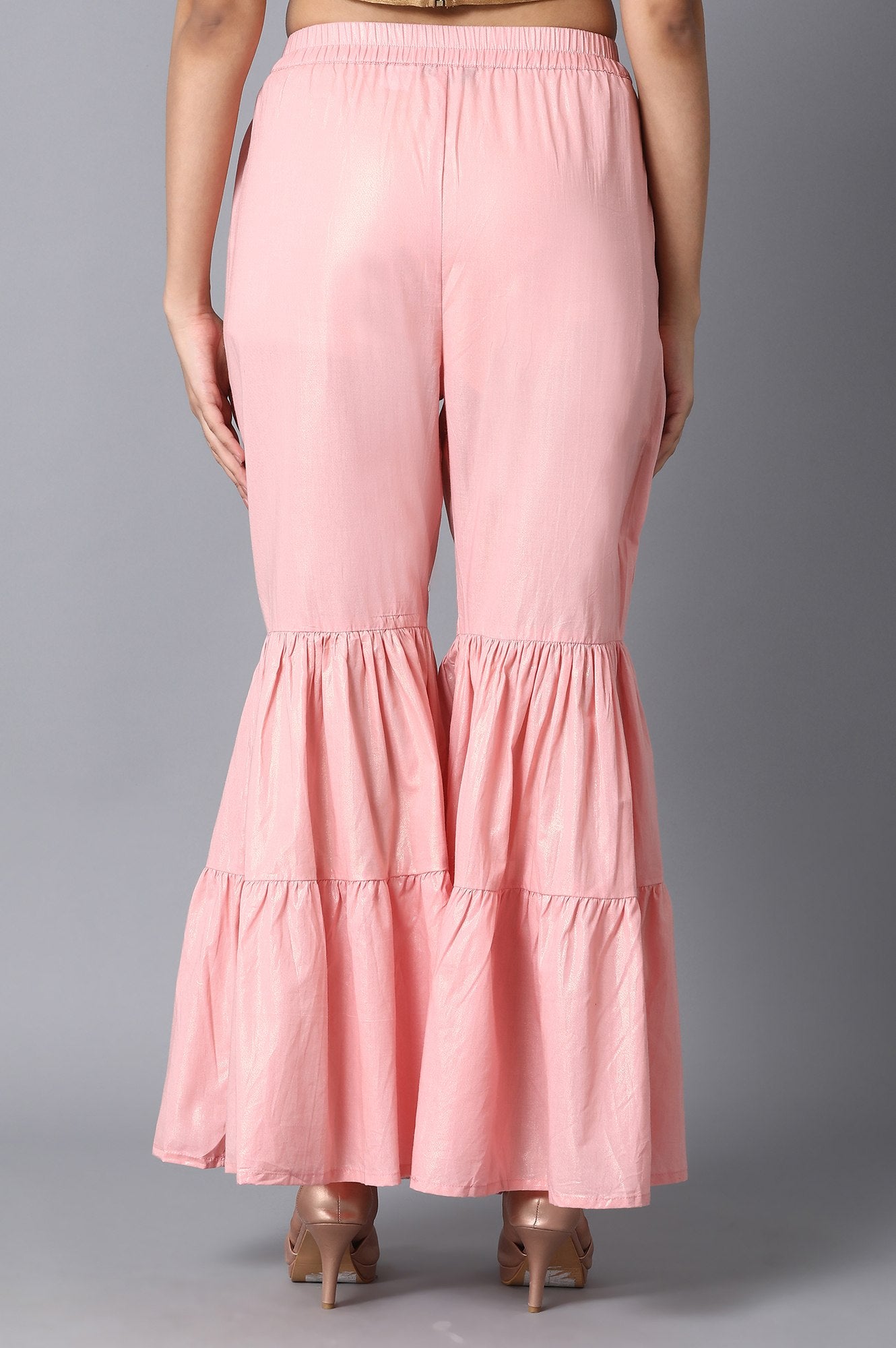 Light Pink Textured Flared Cotton Palazzo With Elasticated Waistband