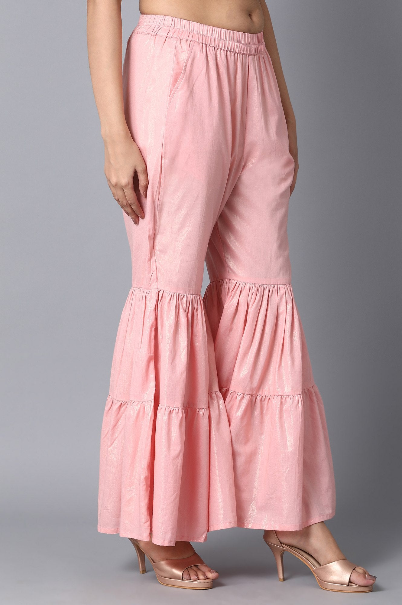 Light Pink Textured Flared Cotton Palazzo With Elasticated Waistband