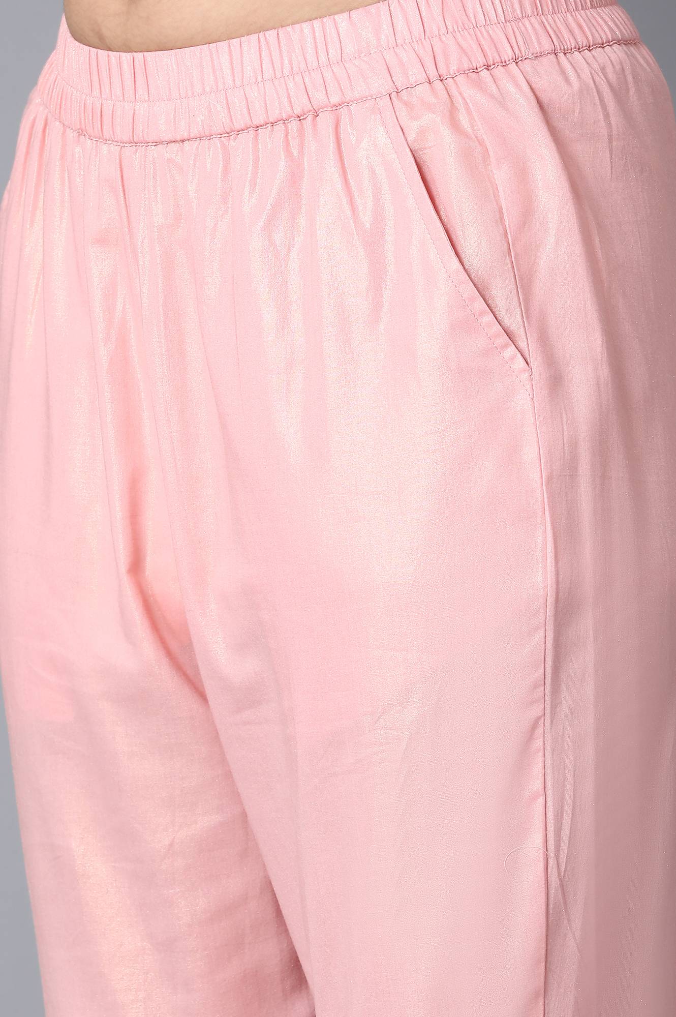 Light Pink Textured Flared Cotton Palazzo With Elasticated Waistband