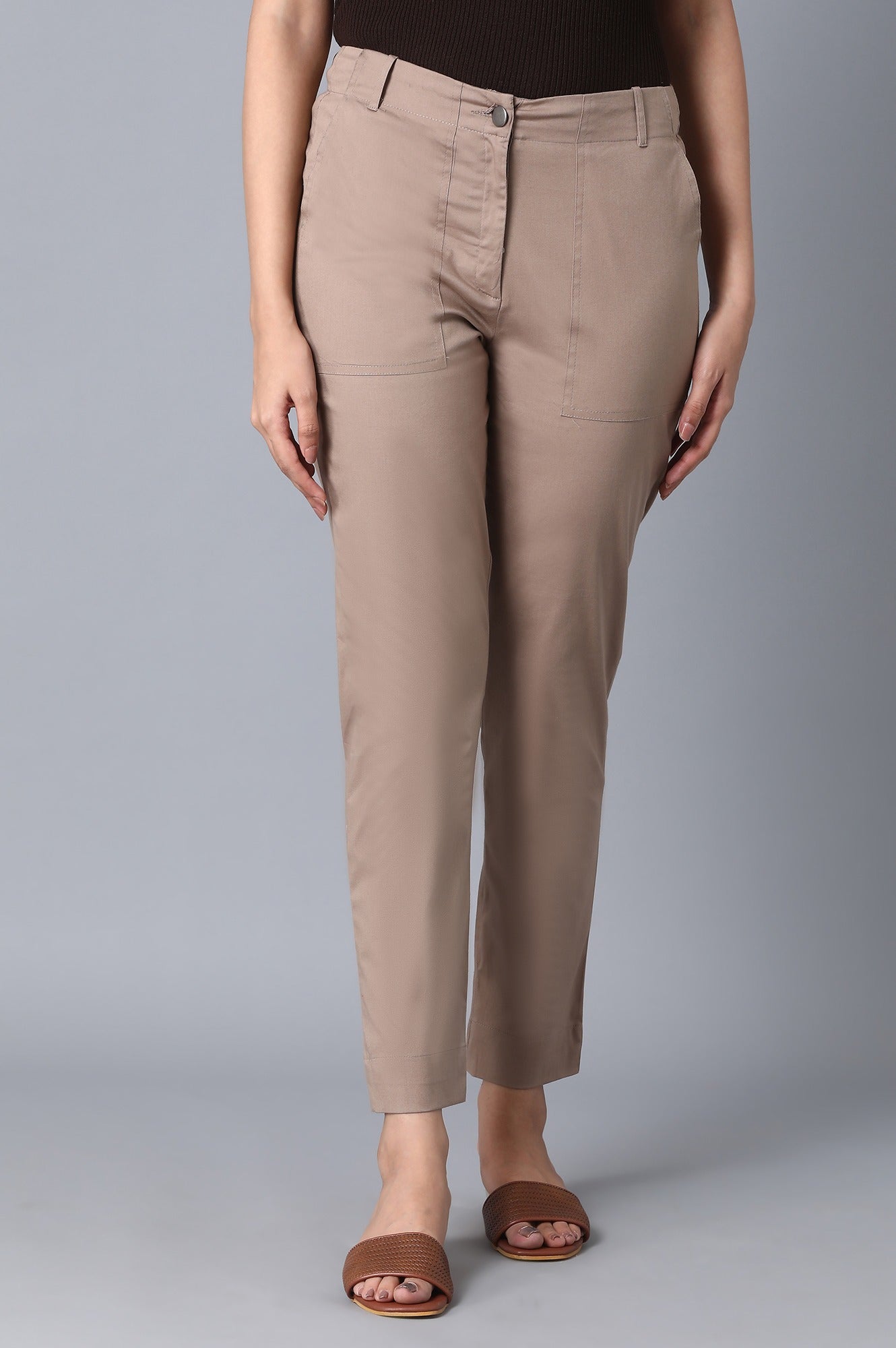 Khaki Solid Slim Fit Cotton Trousers With Front Zip Closure