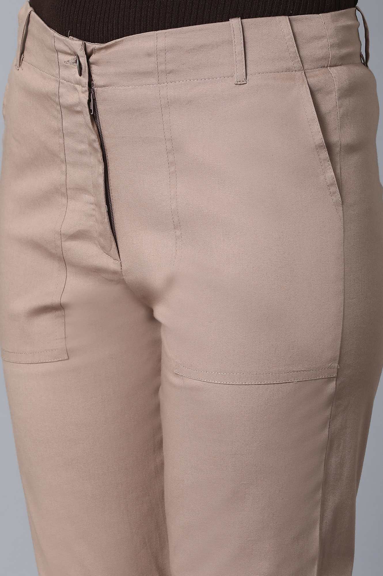Khaki Solid Slim Fit Cotton Trousers With Front Zip Closure