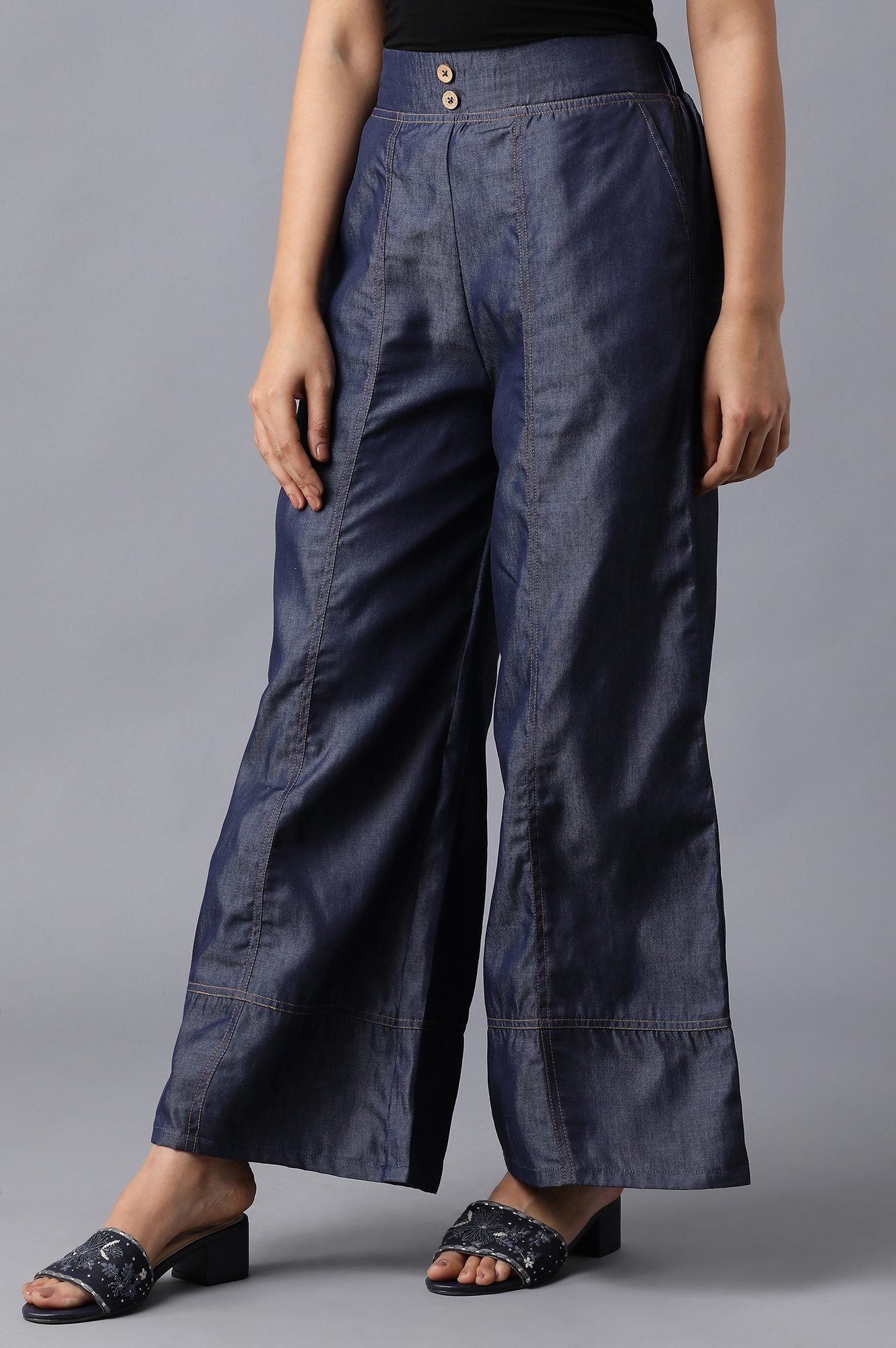 Blue Solid Flared Denim Palazzo With Button Detail