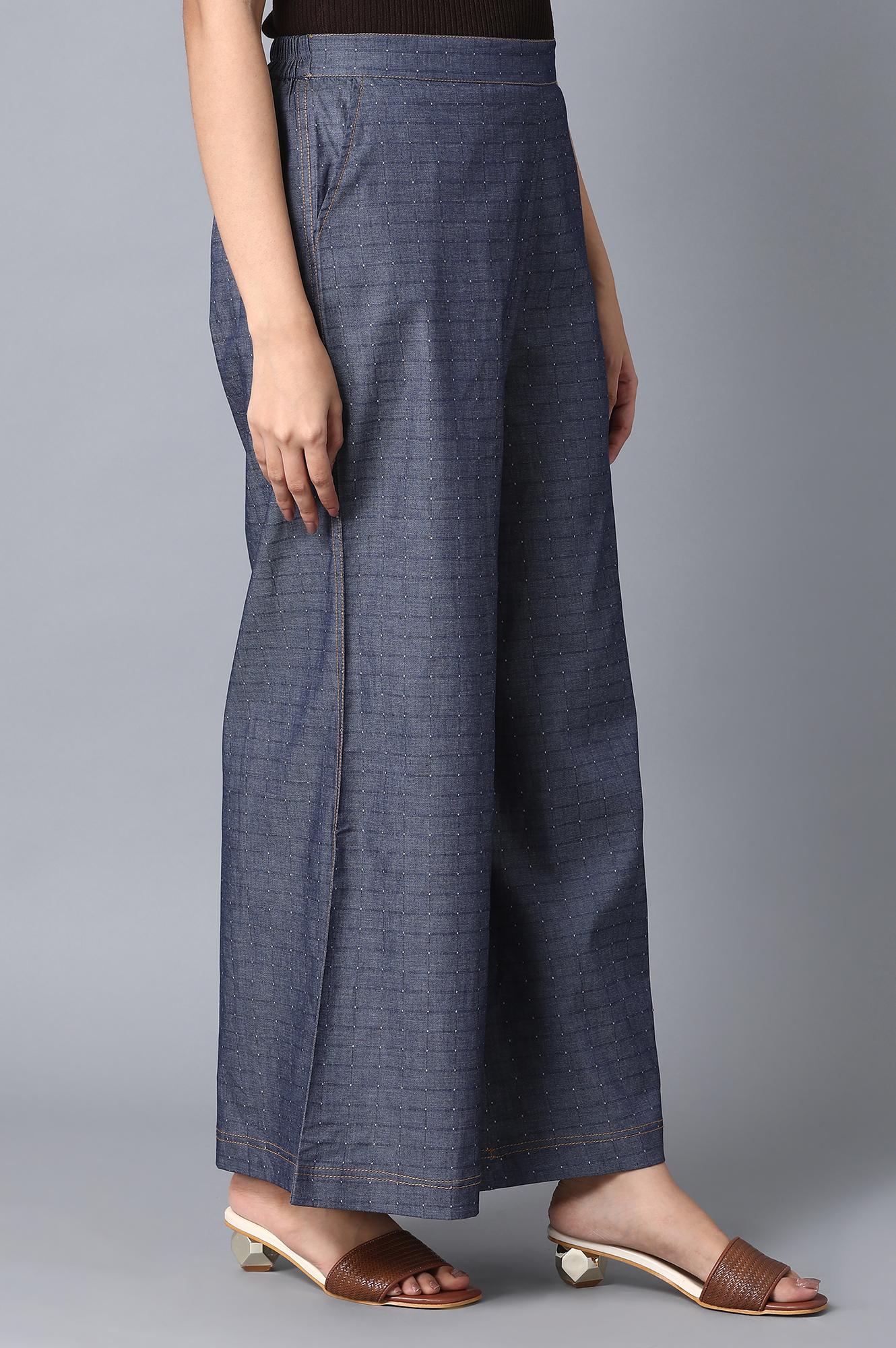 Blue Checkered Flared Cotton Palazzo With Elasticated Waist