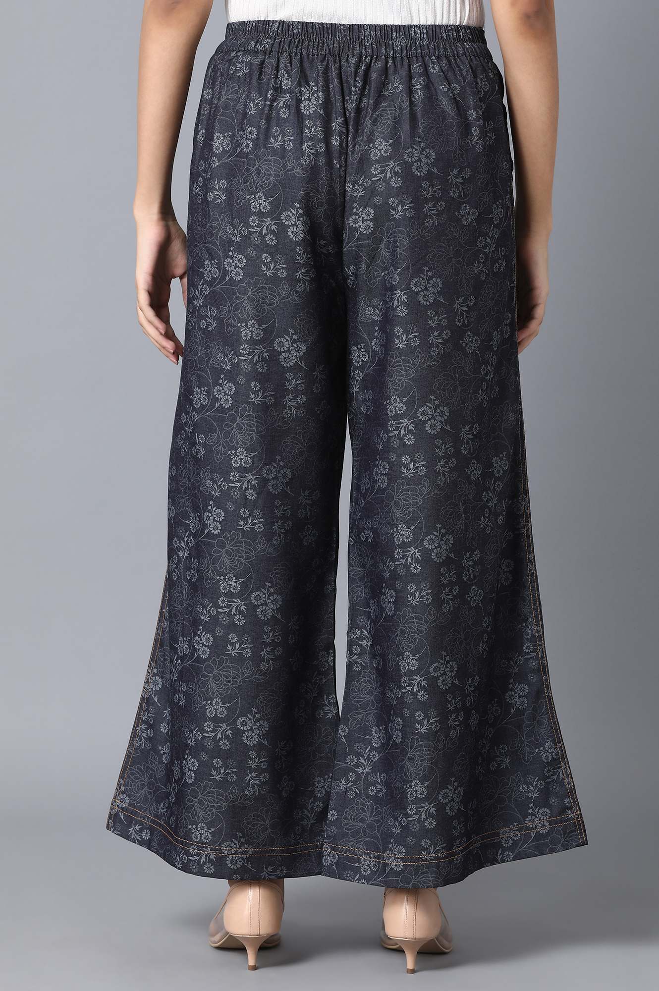 Navy Blue Floral Printed Flared Cotton Palazzo With Elasticated Waist