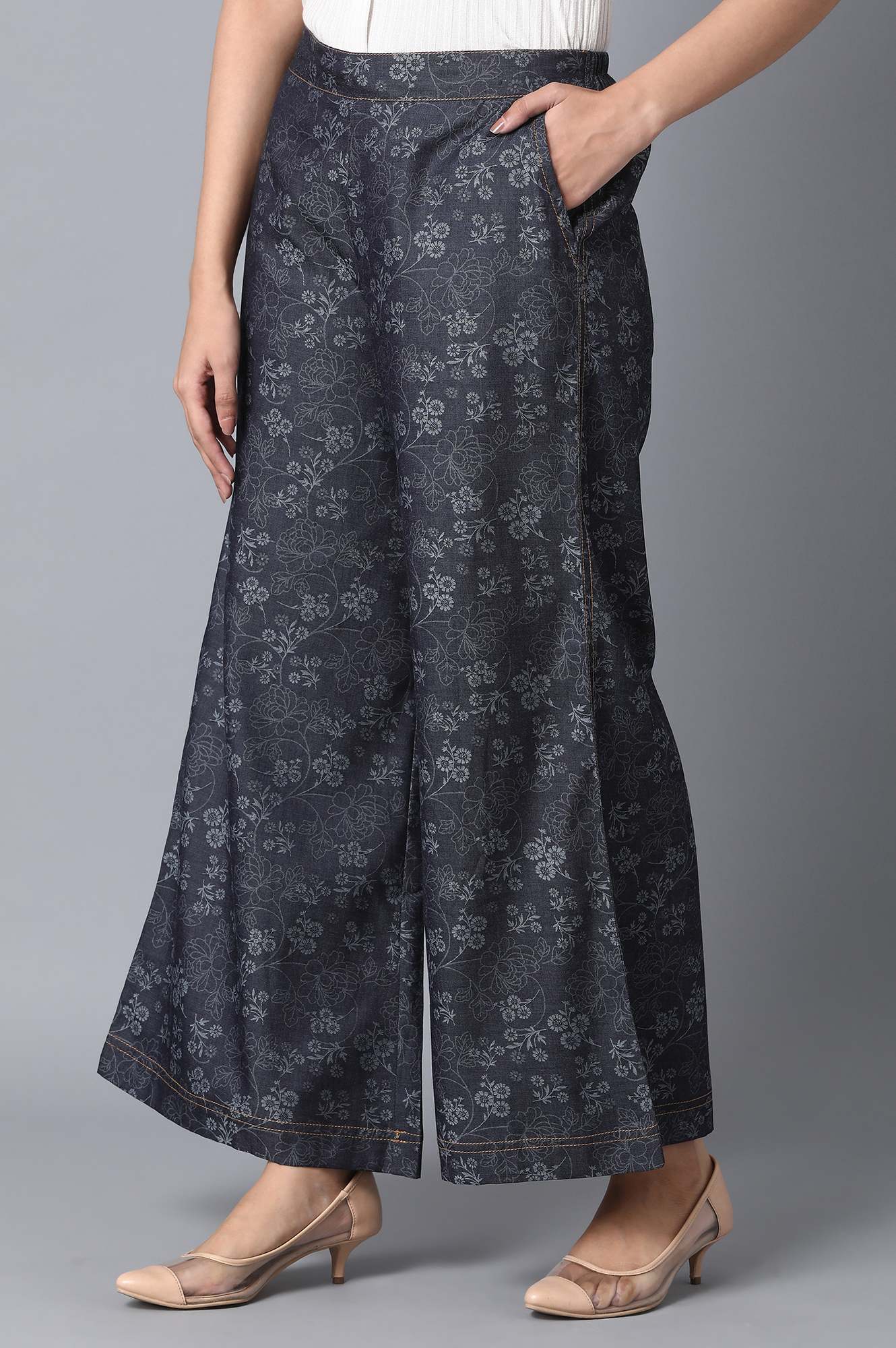 Navy Blue Floral Printed Flared Cotton Palazzo With Elasticated Waist
