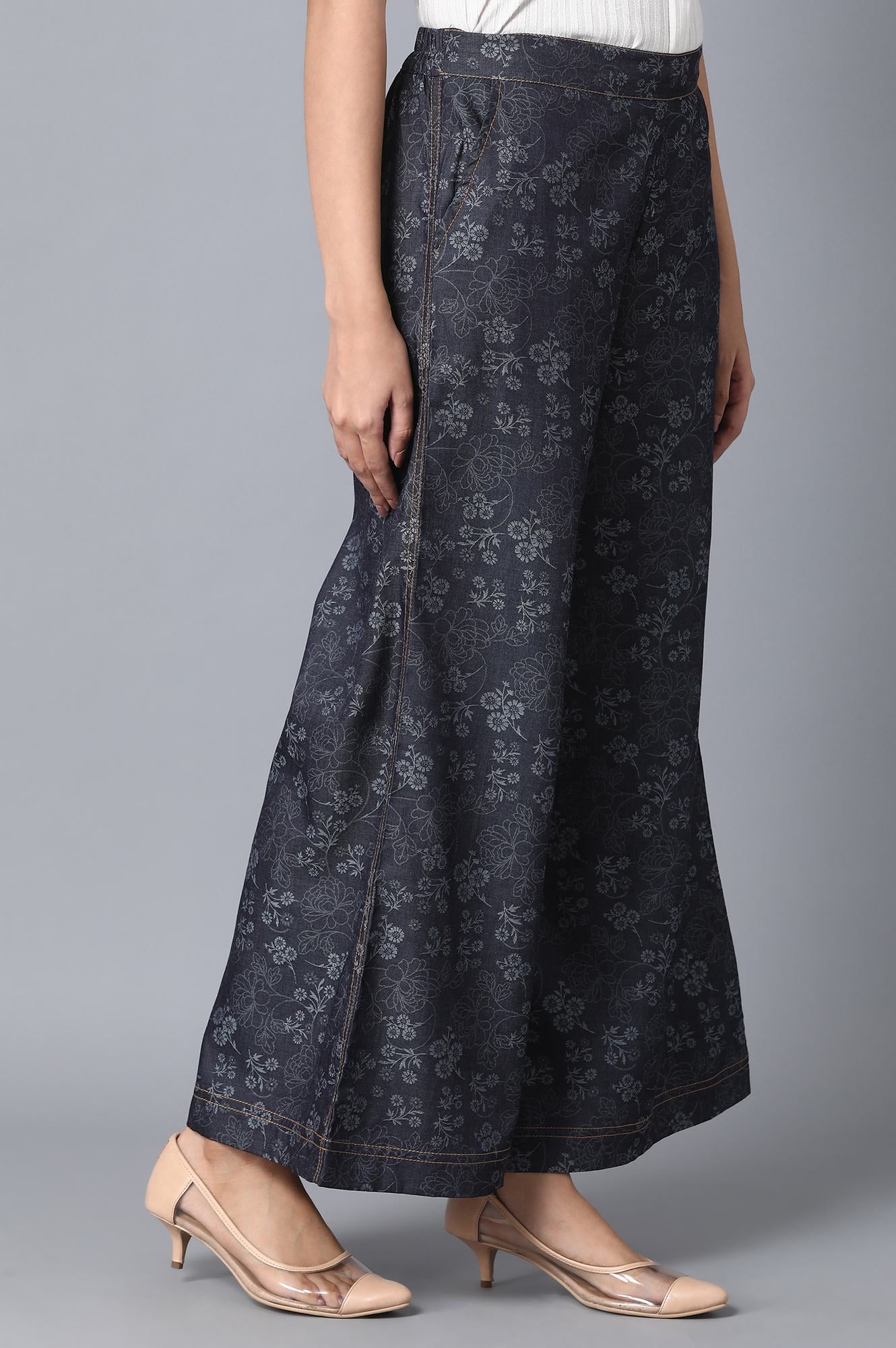 Navy Blue Floral Printed Flared Cotton Palazzo With Elasticated Waist