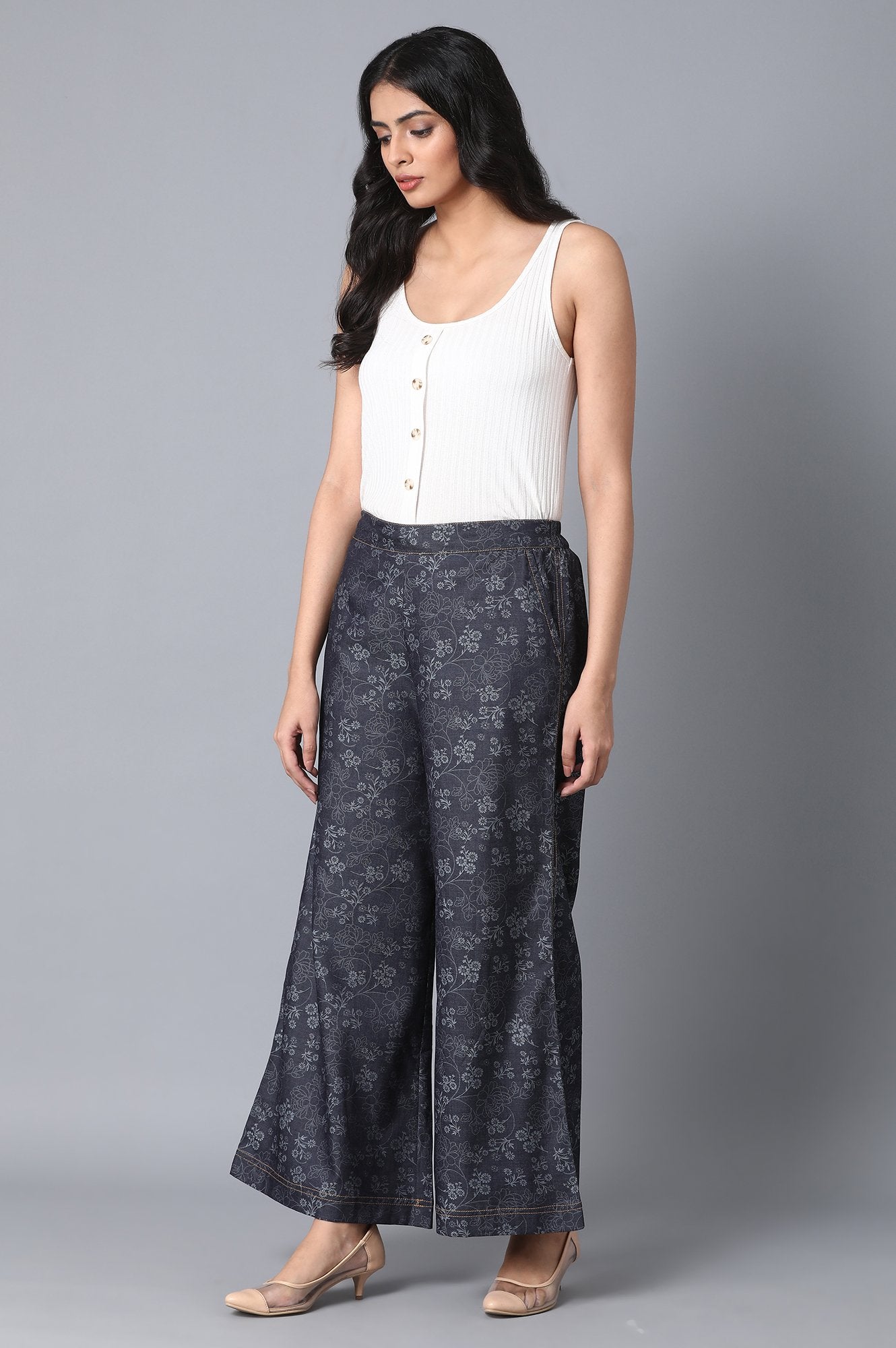 Navy Blue Floral Printed Flared Cotton Palazzo With Elasticated Waist