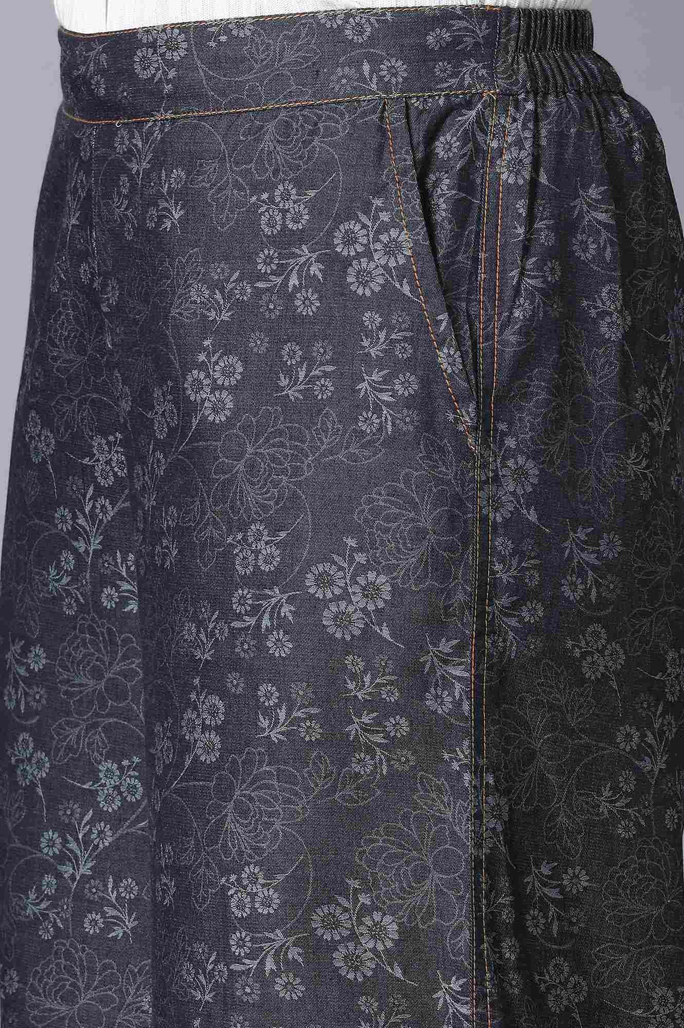 Navy Blue Floral Printed Flared Cotton Palazzo With Elasticated Waist