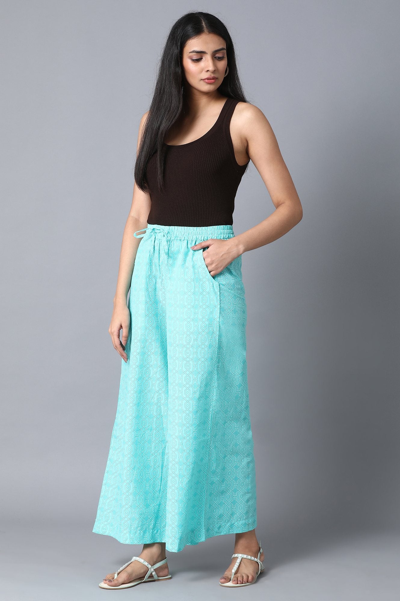 Light Blue Geometric Printed Straight Fit Cotton Palazzo With Drawstring