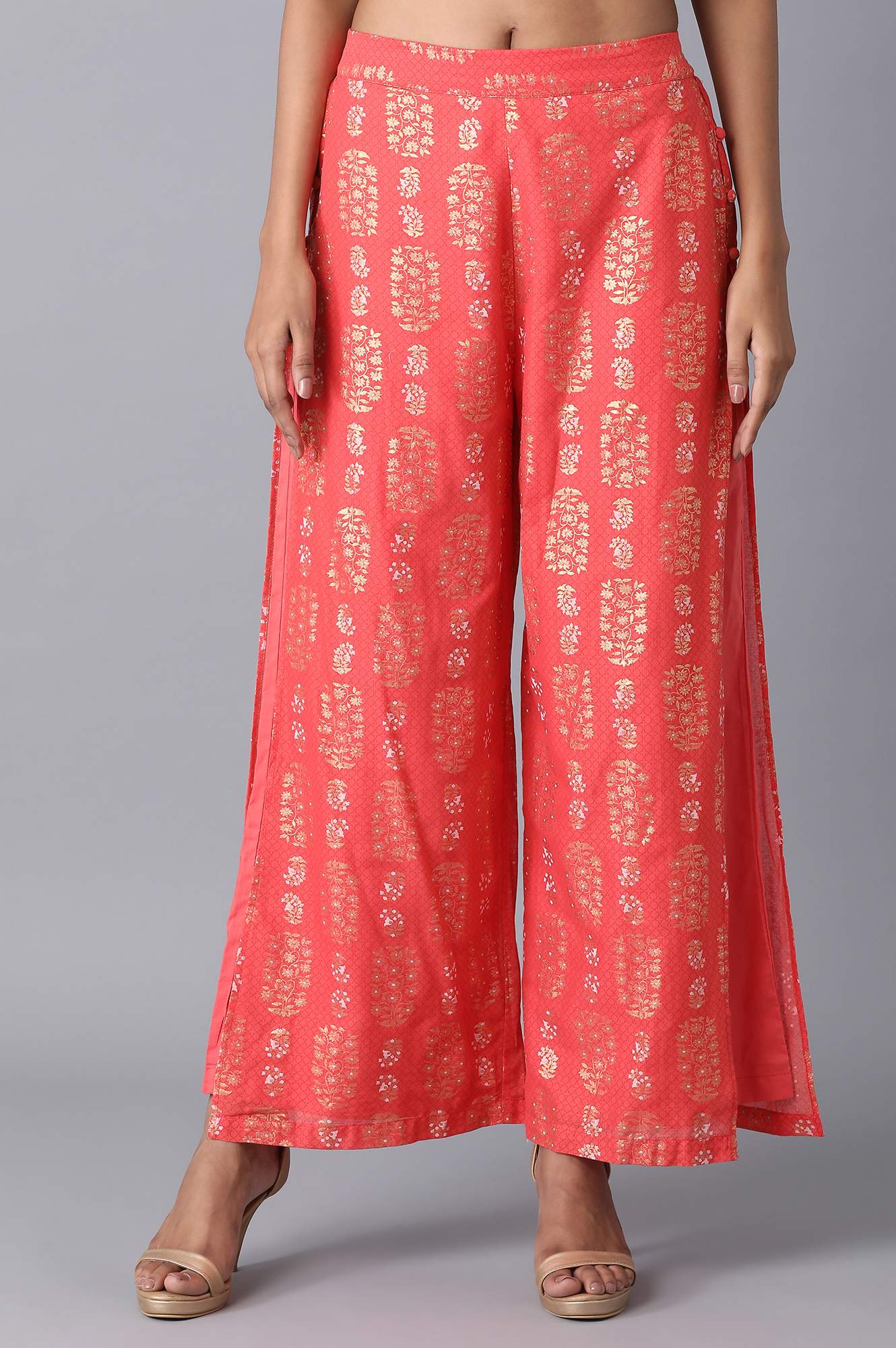 Red Floral Printed Wide Leg Cotton Palazzo With Elasticated Waist