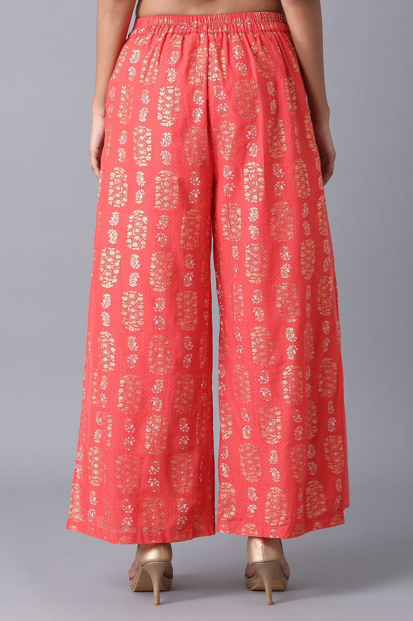 Red Floral Printed Wide Leg Cotton Palazzo With Elasticated Waist