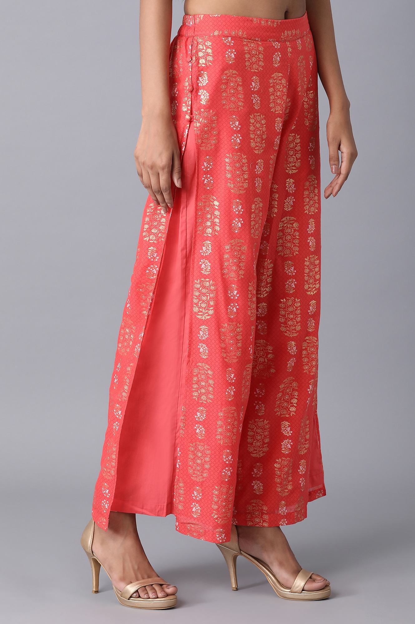 Red Floral Printed Wide Leg Cotton Palazzo With Elasticated Waist