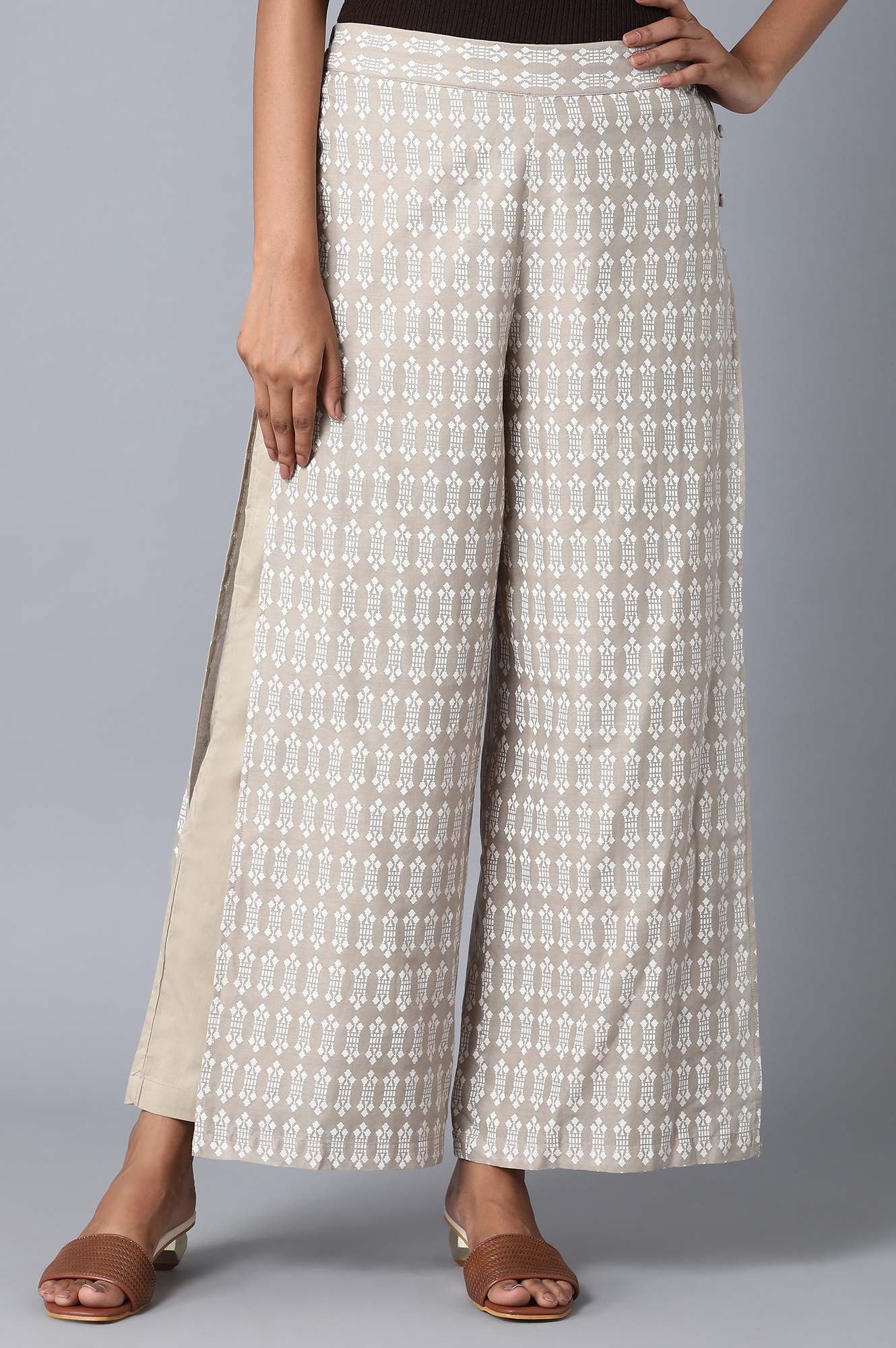 Beige Floral Printed Flared Cotton Palazzo With Elasticated Waist