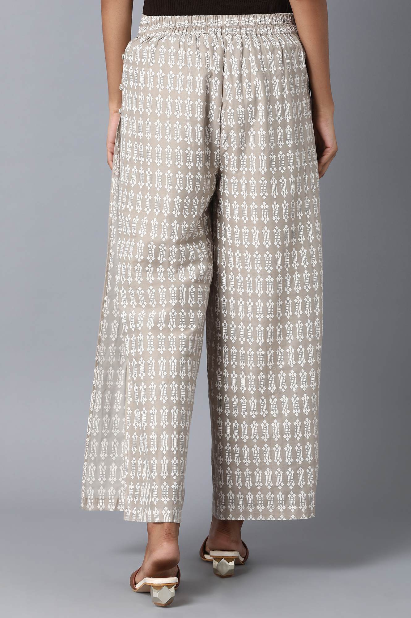 Beige Floral Printed Flared Cotton Palazzo With Elasticated Waist