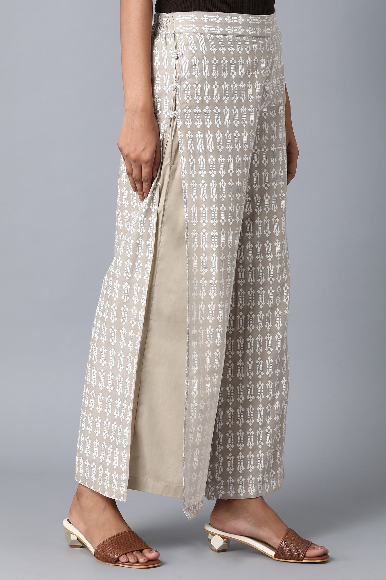 Beige Floral Printed Flared Cotton Palazzo With Elasticated Waist