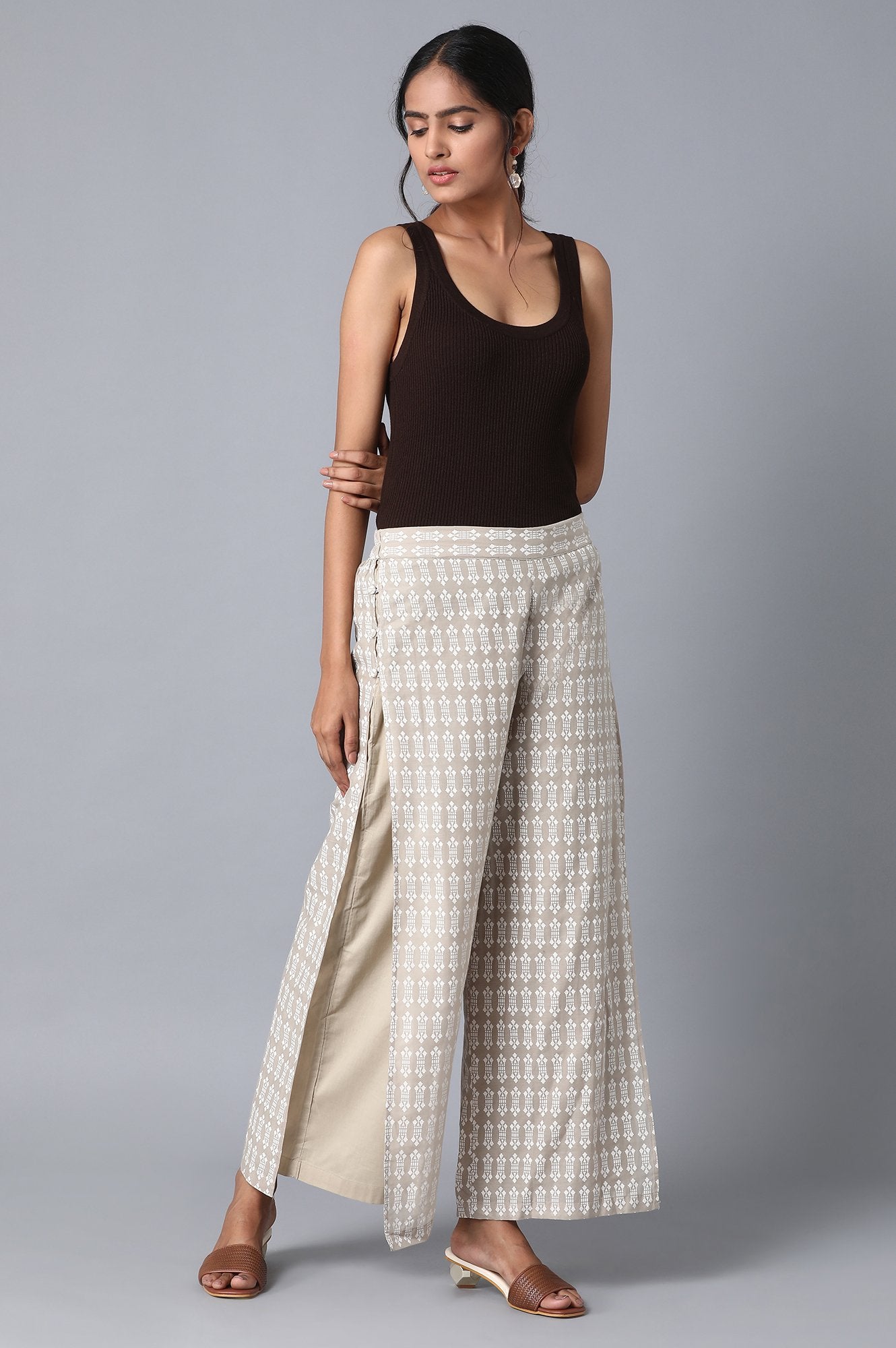 Beige Floral Printed Flared Cotton Palazzo With Elasticated Waist