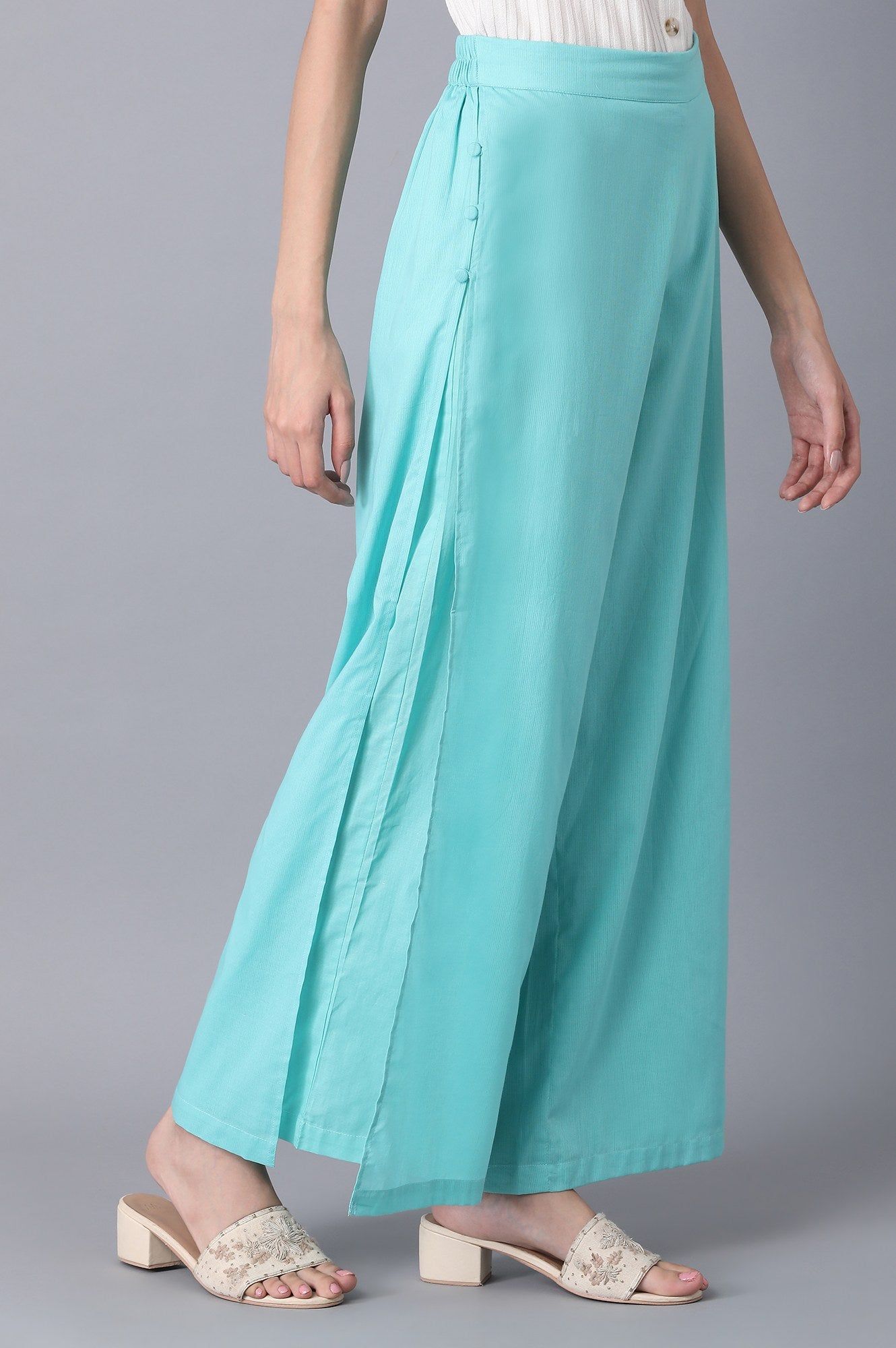 Aqua Green Floral Straight Fit Cotton Palazzo With Side Button Detail